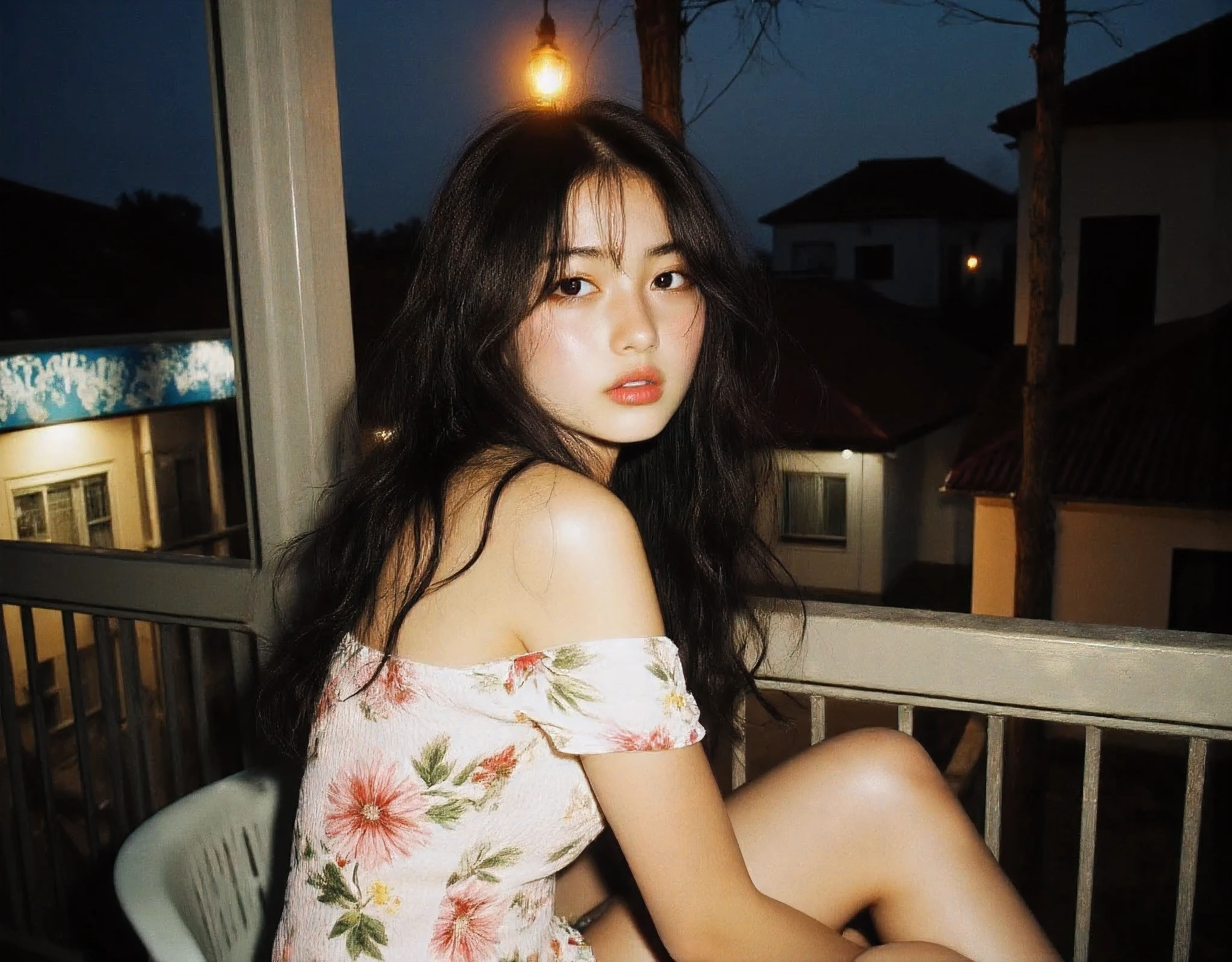 Ultra HD portrait, exquisitely beautiful and detailed Photorealistic portrait, Suburban setting Cubao Quezon City houses and shops in the background, Cubao area, red sidewalk, Enormous breasts , (aesthetically pleasing cinematic composition and dramatic lighting) (Sexy adorable korean goth girl) Beautiful amber skies (Large and prominent perky breasts) , Aesthetically pleasing cinematic composition, epic perspective, dramatic lighting and shadows, symmetrical and detailed, Cute girl with large perky breasts in a black and white geometric print summer dress at the veranda at her home during evening (Hard flash photography) Early evening, lantern lit night, Photo from the side, candid photo, (suburban setting background seeing houses and shops from the veranda) Close-up half-body portrait, Tubetop Elegant and graceful Majestic young woman, Erotic sensual and alluring seductive pose, super highly detailed and aesthetically pleasing photo,, (aesthetically pleasing cinematic composition and dramatic lighting) (view of the street, houses and shops from the veranda) (Large and prominent enormously huge round breasts showing décolletage and cleavage side-boob ) , Beautiful colorful sunset, Taken from a Leica m9 50mm 1.2 lovely portrait with bokeh, elegant and graceful pose, wavy exquisitely detailed long wavy hair beautiful and elegant , Cute girl in an off-shoulder floral print summer dress at the veranda at her home during evening relaxing in the outdoor couch, Metro Manila, philippines, Evening, nighttime, Cute tan brown-skinned Filipina-korean goth girl, Cute and adorable milf mommy wearing her sexy and alluring Cute girl in a summer dress at the veranda at home during sunset relaxing in the outdoor couch fit athletic toned sexy fit and athletic Filipina-korean woman,(resting and sitting in outdoor couch / sofa) tan skin photorealistic and life-like taken from a Leica m9 50mm 1.2, lowlight photography, 4kPhoto_PDXL Photorealistic