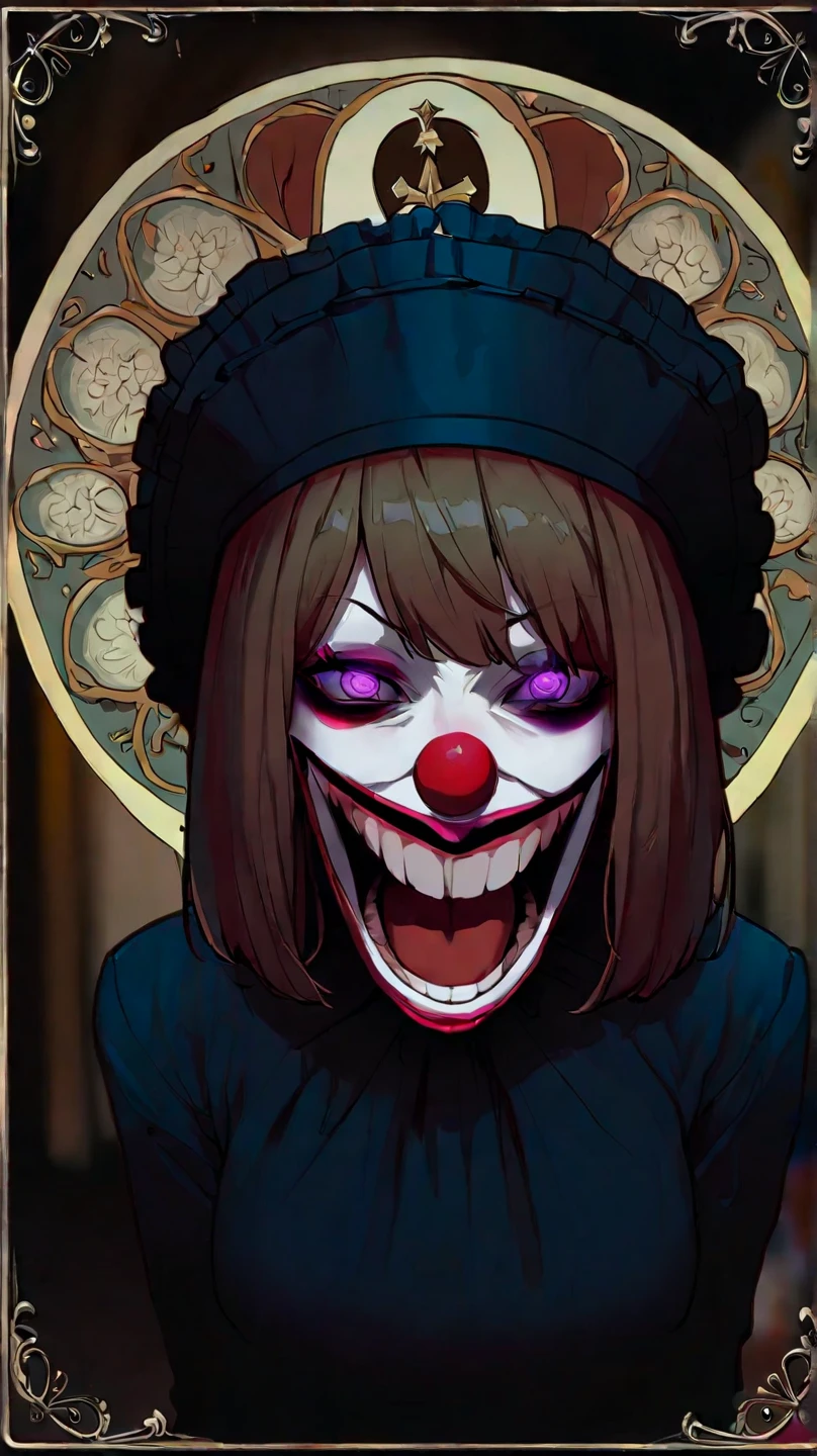 A creepy female clown wearing funny hat playing guitar on the stage, she sang a lullaby. Creepy smirk, looking at the viewer with evil eyes. Award Winning, High Details, Masterpiece, Eye-Level Shot, Cinematic Lighting, Chiaroscuro, Depth Of Field, Photorealistic, Art Nouveau background.