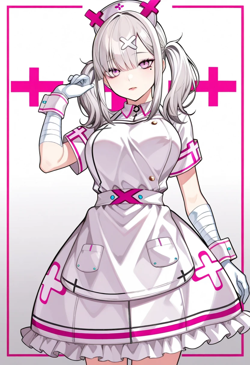 best quality, masterpiece, 1 girl, (silhouette lighting:1.2), (cowboy shot:1.3), one eye closed, grin, white nurse costume, origen, neogen, (skirtlift:1.2), hospital, operating room