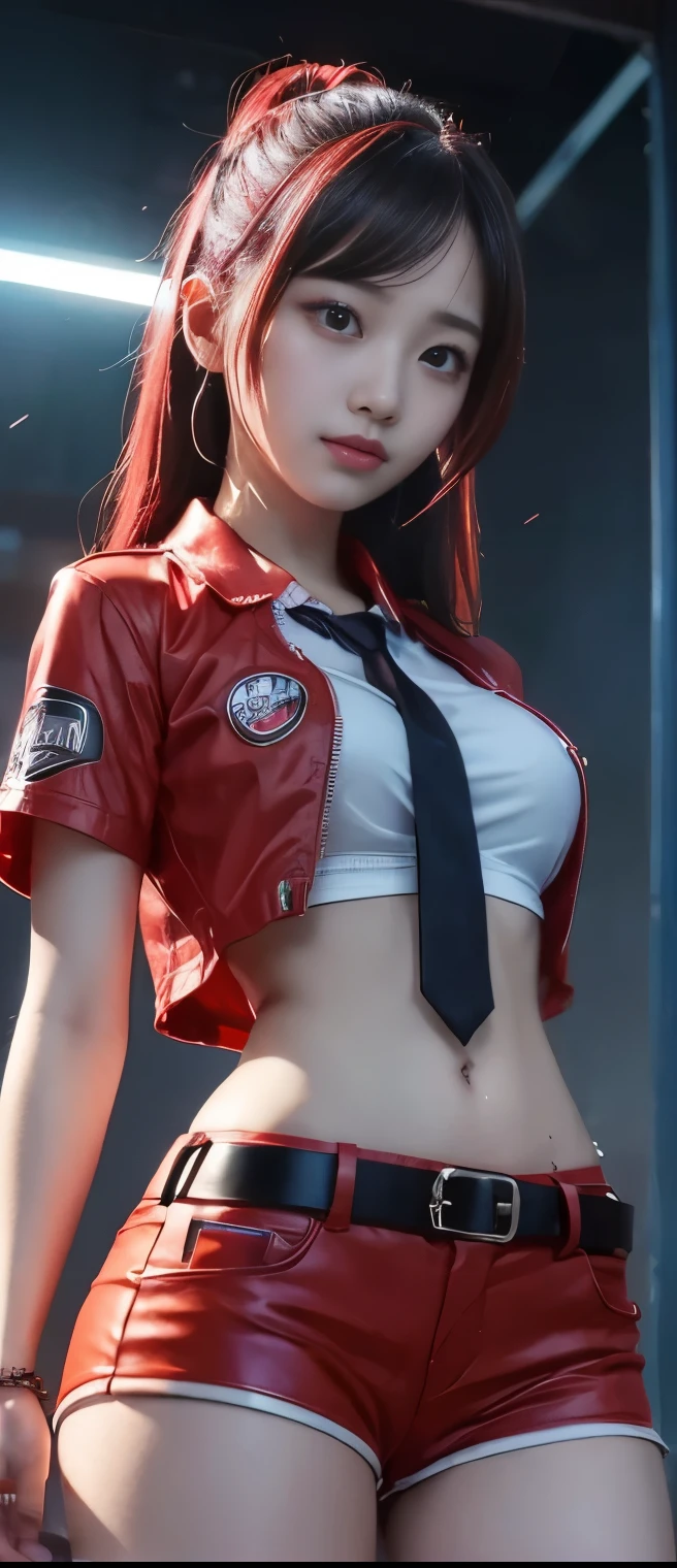 pure cyberpunk idol girl、A pure girl's face、 hypo、 red shorts 、shirt with tie、 Punk Belt 、Glowing lightning
