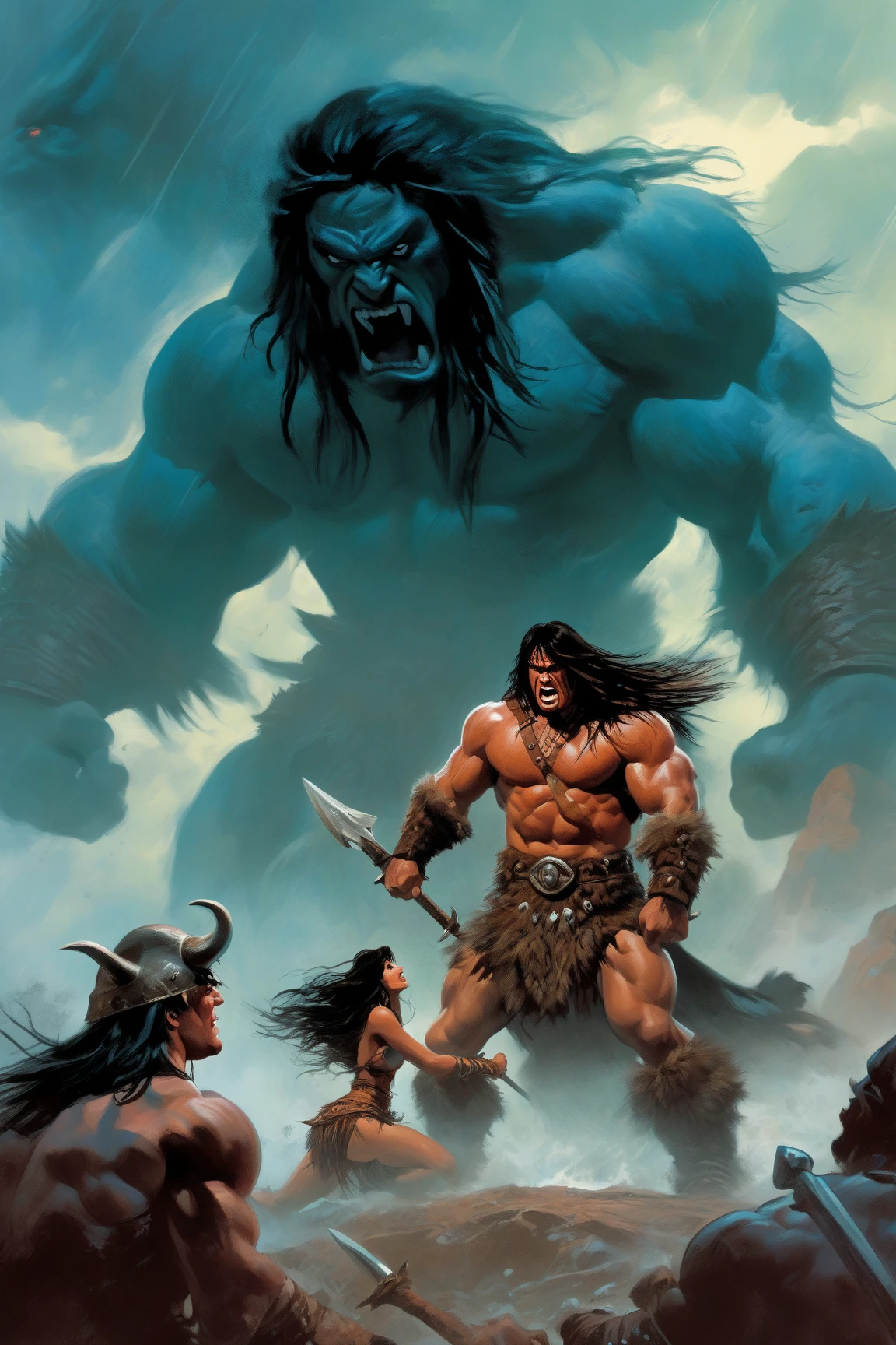 Extremely muscular man, chiseled features, washboard stomach, detailed hands, one thumb on each hand, four fingers on each hand, dark hair, detailed eyes, fierce expression, massive monster in the background, conan the barbarian, frank frazetta style painting,
