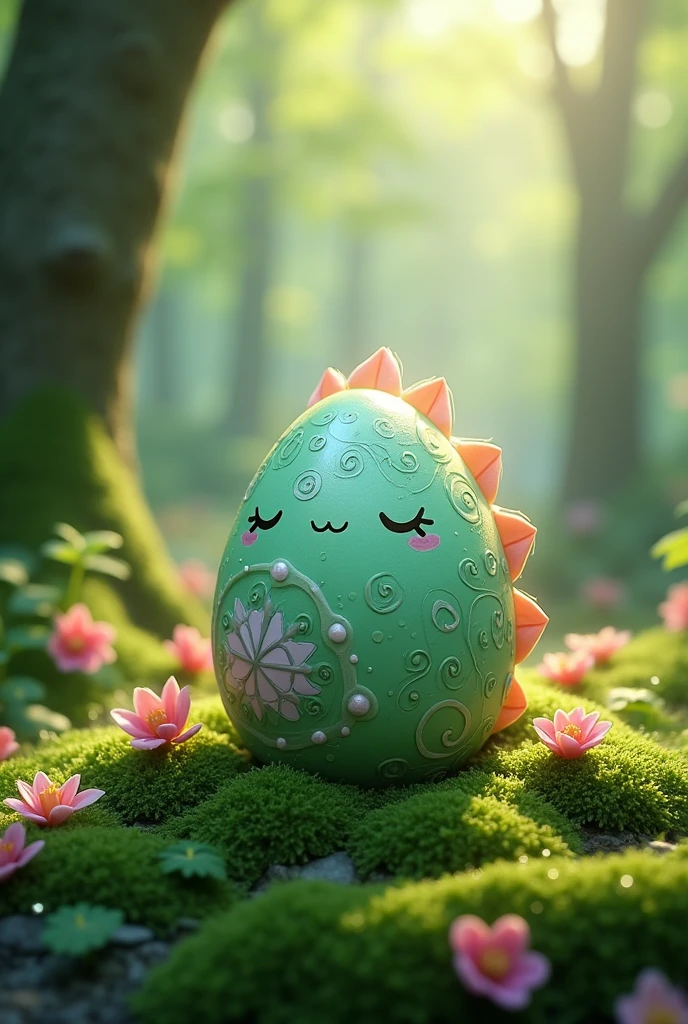 world of warcraft style, baby dragon hatching from an egg with amber bioluminescent eyes, blossom background, radiant, flaming eyes, art by greg rutkowski and artgerm