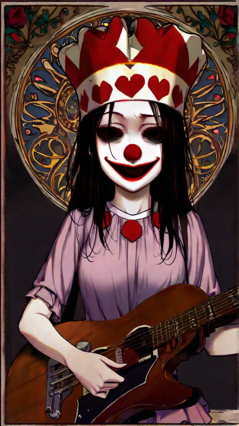 A creepy female clown wearing funny hat playing guitar on the stage, she sang a lullaby. Creepy smirk, looking at the viewer with evil eyes. Award Winning, High Details, Masterpiece, Eye-Level Shot, Cinematic Lighting, Chiaroscuro, Depth Of Field, Photorealistic, Art Nouveau background.