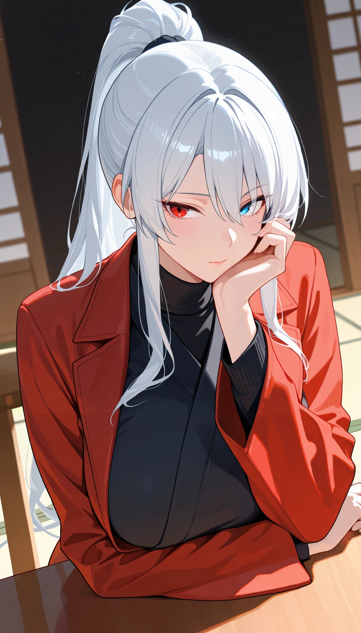 best quality, masterpiece, absurdres, 1girl, solo, heterochromia, red_eye, blue_eye, white_hair, long_sleeves, large_breasts, tall, mature_female, long_hair, red_coat, open_coat, black_kimono, hair_over_one_eye, tsurime, turtleneck, formal_clothes, from_side, shadow, Japanese_clothes, dynamic from side angle, ponytail, portrait, head_on_hand, table, hand_on_own_arm, sitting,