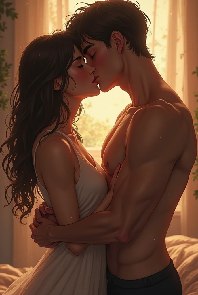 An 'attractive blonde man with chiseled features and rippling muscles' embraces a 'stunning redheaded woman with a voluptuous figure and an hourglass shape'. They are locked in a passionate embrace, their bodies glistening with sweat as they become one. The woman's large breasts press against the man's muscular chest, while his powerful arms hold her close. The scene is set in a Disney-style CGI environment, with vibrant colors and fantastical imagery surrounding them. Their expressions convey pure ecstasy, as if they are lost in their own world of pleasure; best quality; trending on artstation; dark room with complex volumetric lighting; strong shadows; artistic lighting; dynamic; energetic vibe; realistic skin; specular highlights; micro-textures; highly detailed hair;