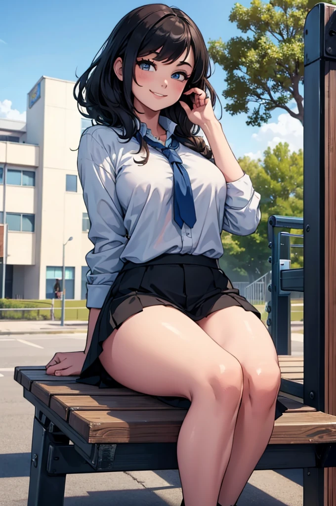 a muscular woman sitting on a park bench at night by herself black hair yellow eyes pale skin from above upskirt
