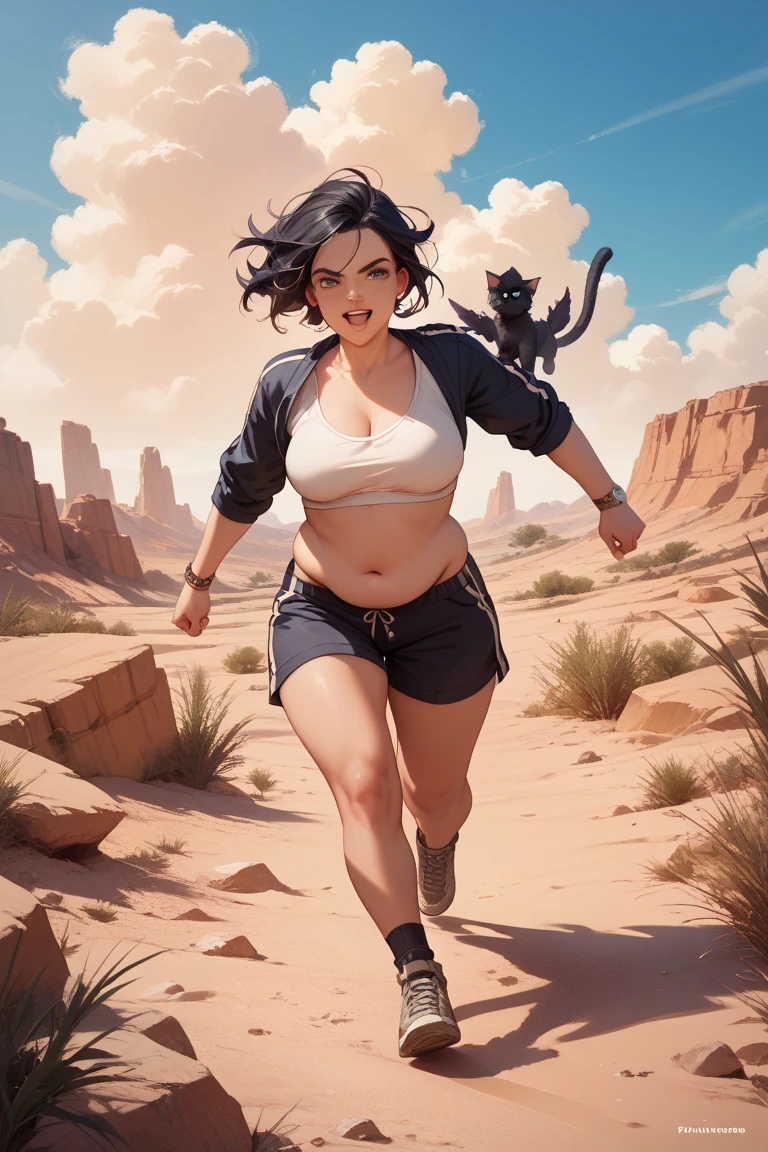 1girl, 1girl sweating in the desert, Over-the-Knee Socks ,Wind, outdoors, wild wasteland,Blue sky, skindentation,, 、sweating profusely, , walking towards the camera,, short legs, short arms, Bags under eyes (cute emotions:1.2) very short shorts, ass visible from front