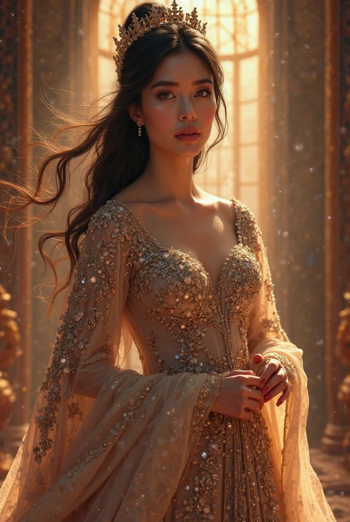 arafed woman with brown hair, brown eyes, bouncing her boobs up and down, (large boobull cleavage, heavy eye liner, ultra realistic, concept art, intricate details, eerie, highly detailed, photorealistic, octane render, 8k, unreal engine. art by Artgerm and Greg Rutkowski and Alphonse Mucha, silk dress, long wavy brown hair, realistic, ultra detailed, perfect eyes, realistic eye (brown eyes:1.3), sedutive, sexy, gorgeous scenery lighting, looking over her shoulder at the viewer,