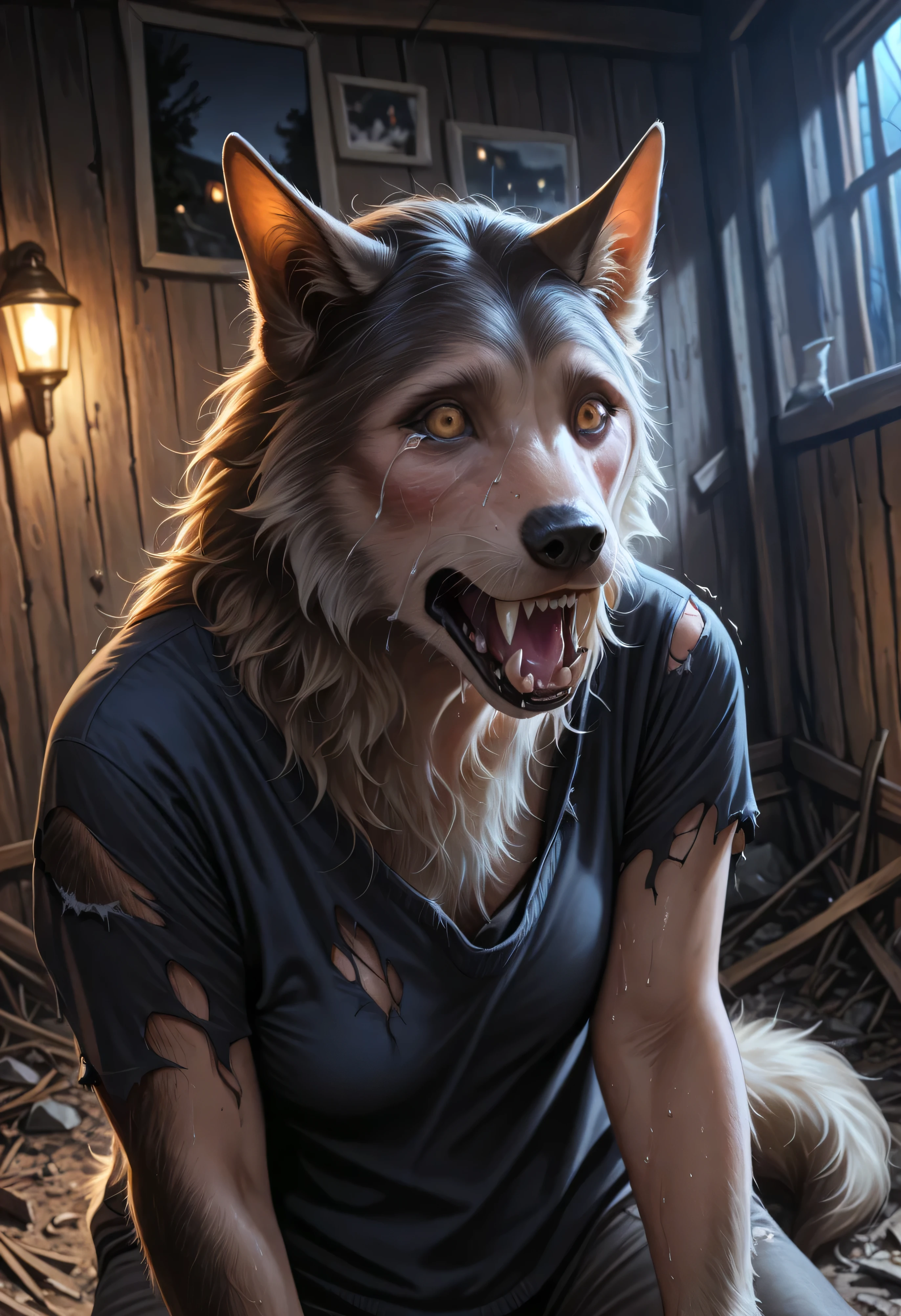 Skin, human, Werewolf transformation, morfing,  human, [werewolf: human:0.7], [arms: paws:0.7], fangs:0.8, female, [red human skin: fur: 0.5], [human face: snout:0.5], wolf nose, detailed fur, gradual fur, spread, shaking:1.1, crying, sweating, drooling:1.2, in pain:0.8, scared:0.8, confused:0.8, torn clothes:1.1, thick fingers through, deep night, ((darkness, dramatic moonlight, night)), abandoned cabin, scraps around, clothes scraps,((Ultra-detailed, Realistic, Photorealistic, photo-realistic:1.37), 4k, 8k, RAW, HDR, UHD, Canon EOS P3, Canon EOS R3, 85mm f/1.4, 15mm, 35mm, 80mm, f2.8, high resolution, hd, full colour, 4k, high definition, 3 point lighting, sharp focus, smooth, Professional, cinematic, extreme detail, (high detail:1.4) description, masterpiece, deep shades, best quality,))
