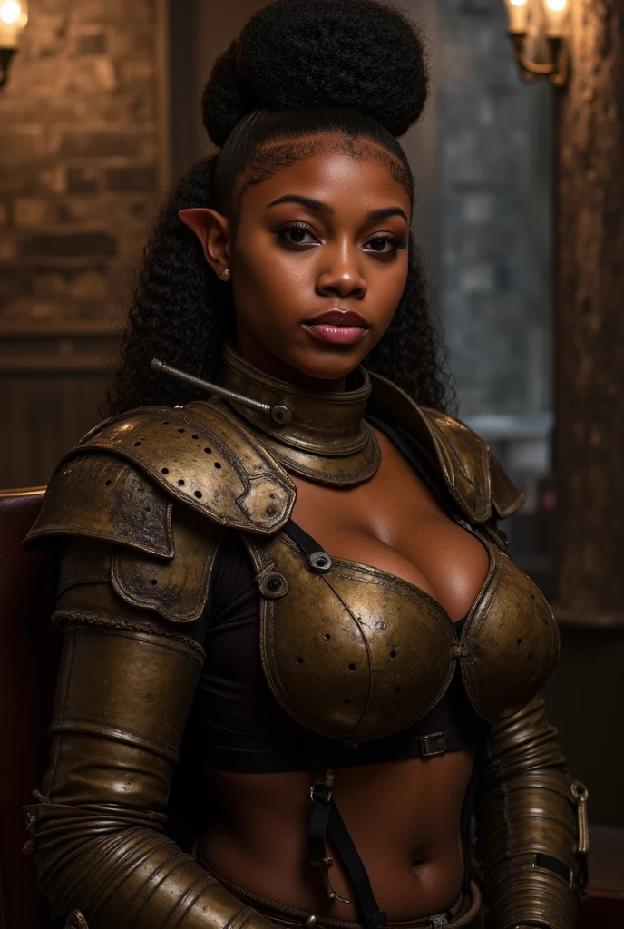 masterpiece, sadie sink, as black girl, topless, ebony, black skin, ultra detailed, ultra realistic, realistic skin, vampire hunter, golden armor, big battle axe, very detailed background