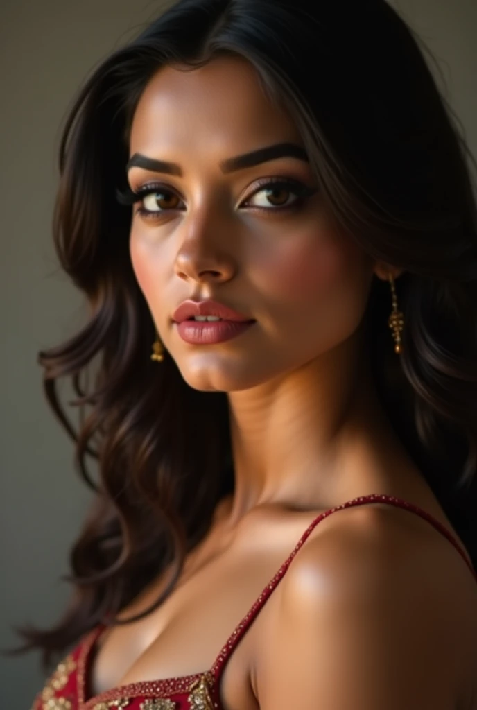 Portrait of Indian most beautiful and attractive woman in her 30s as a beautiful female model, beautiful face, [[Long Brunette Shag with Subtle Highlights]] Her dark hair falls in loose waves around her face, dramatic lighting, trending on art-station, portrait, digital art, modern, sleek, highly detailed, formal, determined, pink liner lipstick, soft lips, black eyes, happy, naked Big brest nipple nice clevage seductive poses red lips 