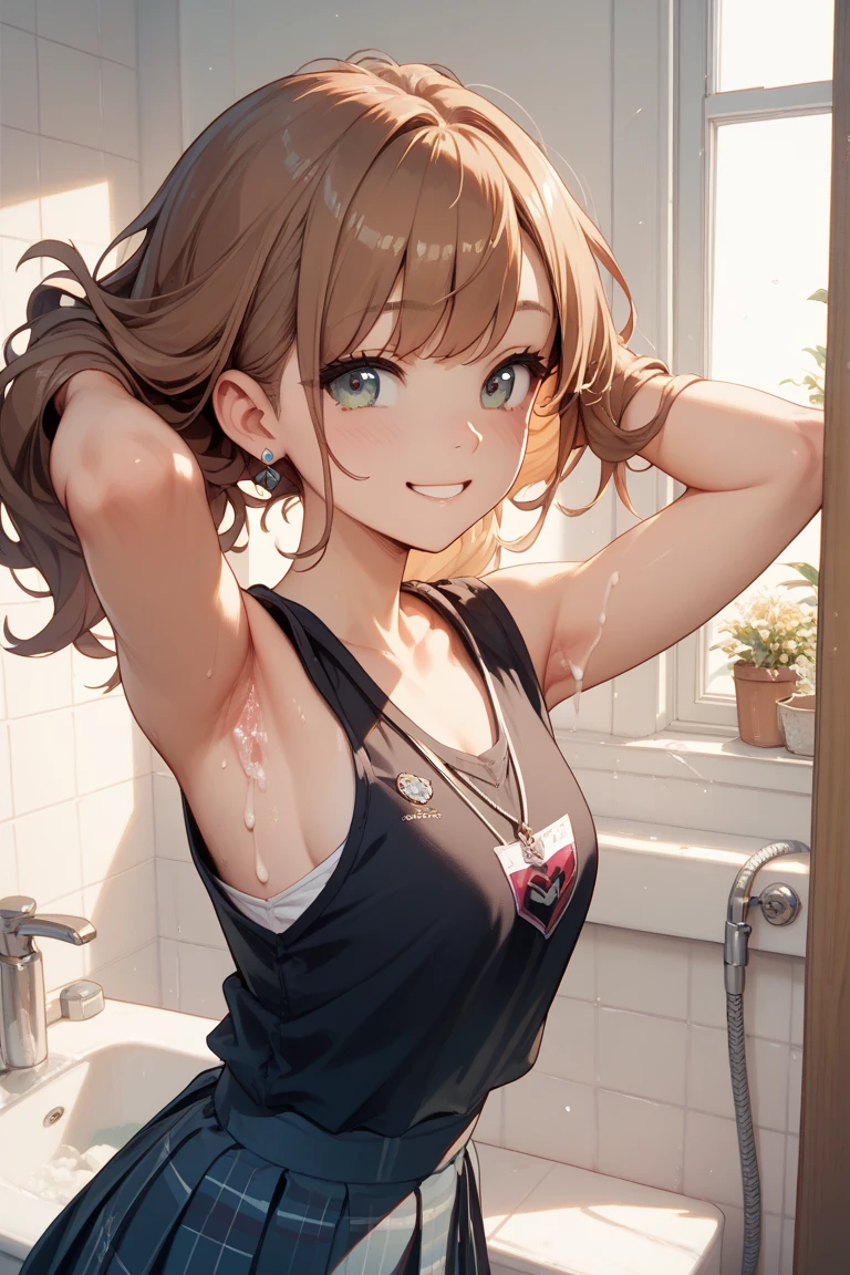 30-year-old woman with brown hair in a short ponytail wearing a tank top、Many hands touch under the armpits、Smaller chest、Brown-eyed、Freckles on the face、bangss、realisitic、Round face、Shyness、be shy、Armpits are wet with white liquid、Yogurt in the armpit、The upper part of the body、Beautiful woman、Yogurt is poured into the armpits and gets dirty、Ruined restroom、Brachira、pink  bra