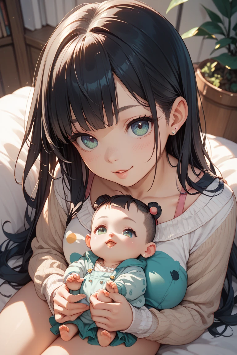 Anime mom with long black hair with bangs, Brown eyes, test canela, carrying a newborn baby girl with blue hair, green eyes in her arms wrapped in a white blanket 