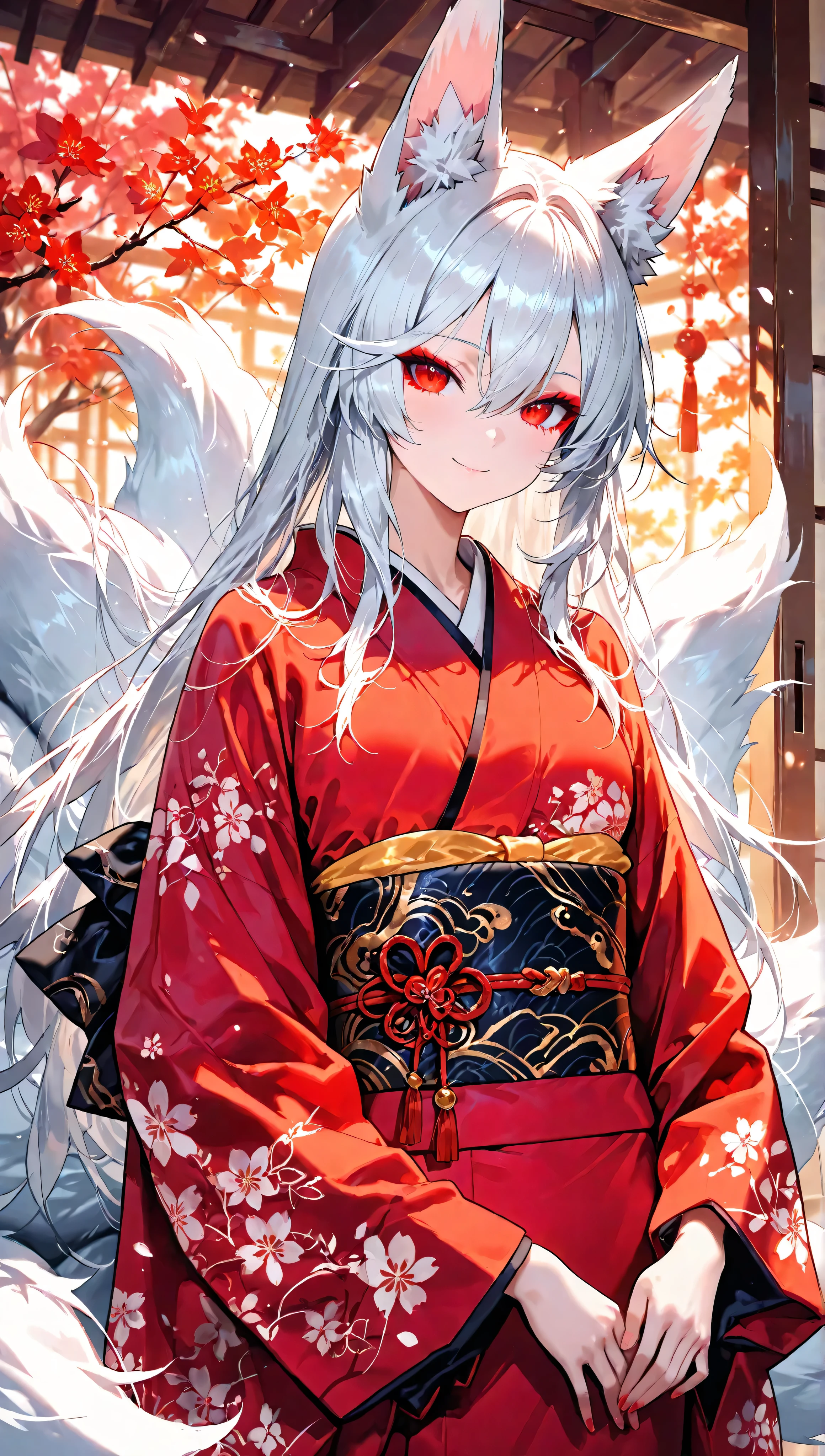 Masterpiece, highest resolution, highest quality, detailed depiction, beautiful, art, watercolor style, Japanese yokai, ((nine-tailed fox)), side shot、 shot from the side、 anthropomorphized fox, fair skin, slender eyes with distinct red eyeliner, Beautiful silver hair, long hair, fox ears emerging from the head, beautiful white and red kimono, cool beauty, midnight, ((smile 1.2))、Happy、home background 、 4K graphics.