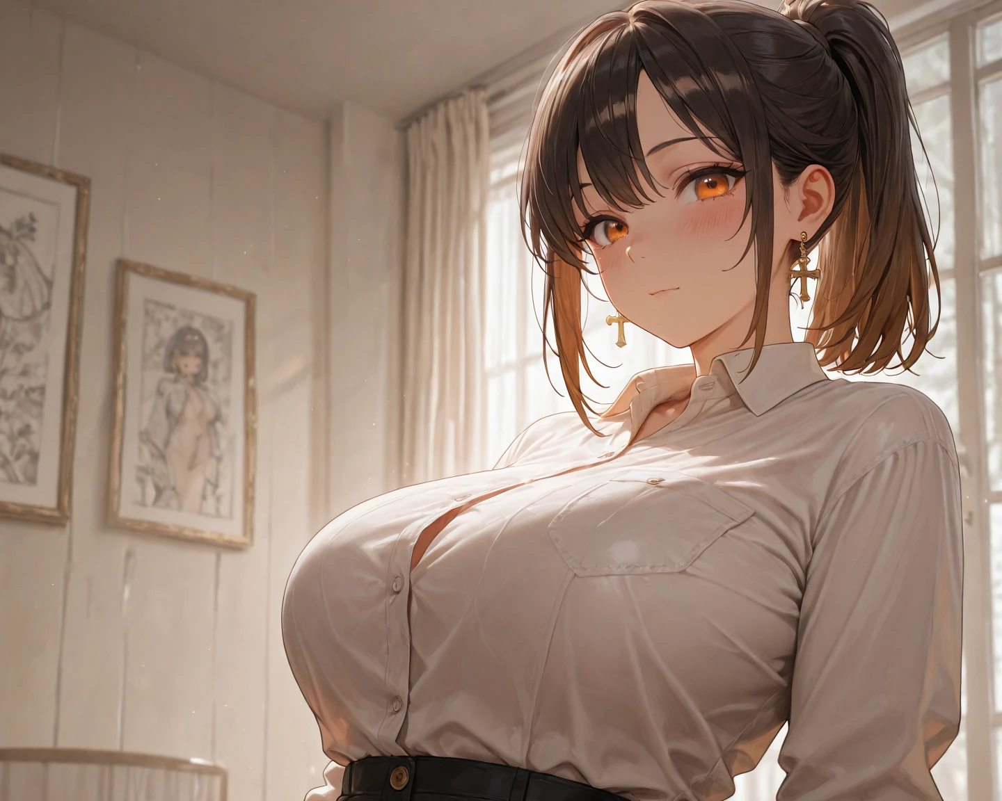 top-quality, masterpiece, high-detail, 16k picture quality, Beautiful , Light brown medium hair, beautiful eyes of light brown, Uniforms, White blouses, Black_pantyhose, White panties showing through pantyhose, plump big breasts, Large breasts that hang down by gravity, blushing, She Looking at the camera, Enraptured look, Opening legs, evening classroom, Bright red sky, Beautiful clouds in madder color,