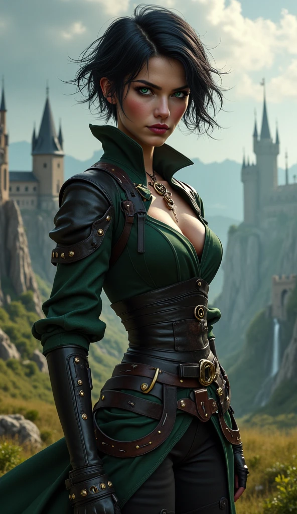 Realistic, detailed and very high quality representation of a character of a Woman, beautiful, green eyes, evil face, short black hair shaved on the side, perfect body extremely strong and defined, wearing a Victorian era armor, background a city and a blue sky. The drawing should show her powerful and inspiring qualities, while paying attention to her beauty and femininity.