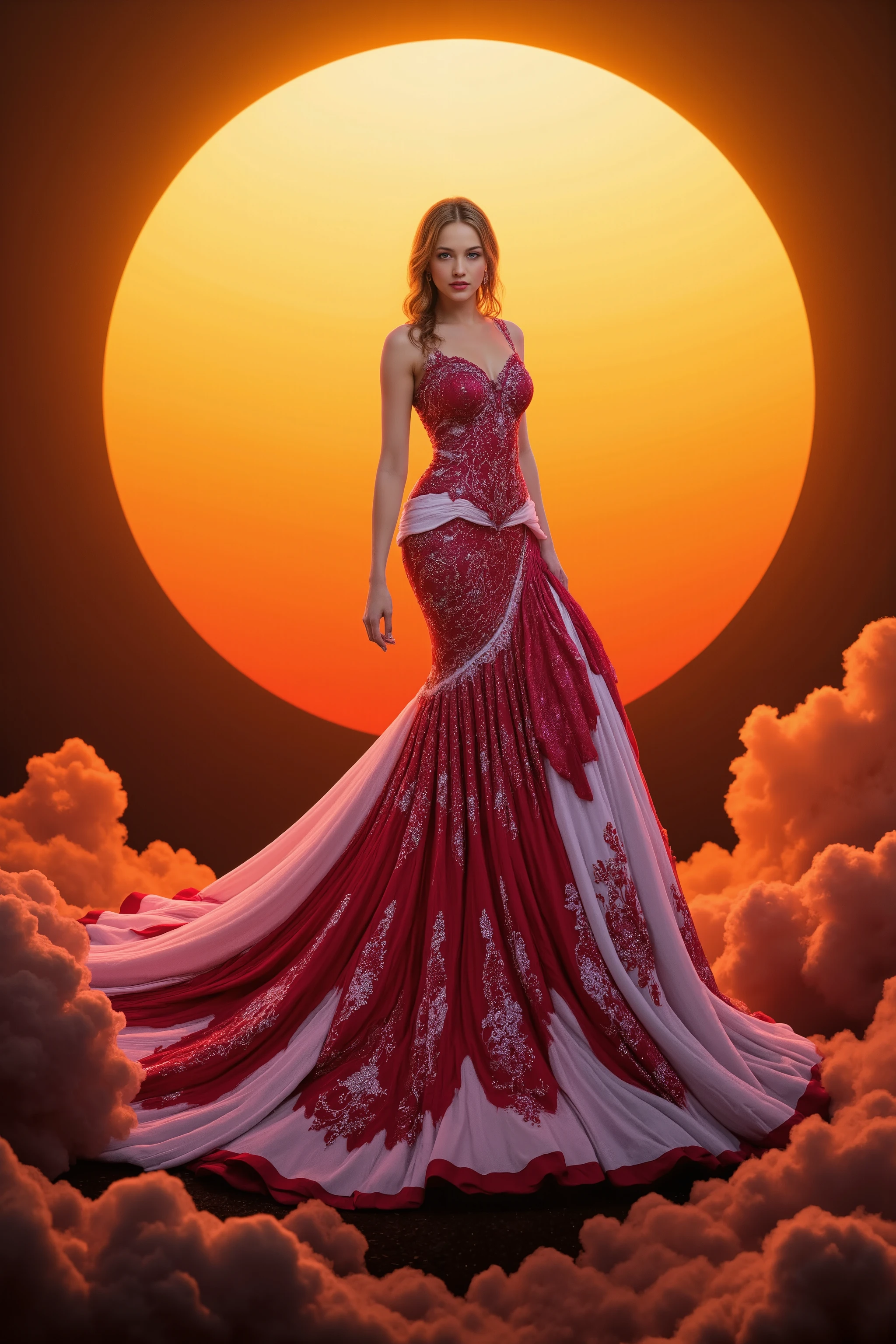 The color of this mermaid style dress is red and pink with some white embroidery. The long skirt should flare out several meters in diameter around the models feet with a lot of fabric to drag on the ground. 
 Put big fluffy billowing clouds underneath the dress, spiraling in from around an enormous setting sun in the background. Show it as a gigantic orange and yellow fireball and the clouds as orange and pink and purple billowing clouds that settle under the dress and come peeking out on all sides. Show off the intense colors and dramatic effect. Make the model tall and extremely attractive and the sun about half the size of the image. It takes up a lot of space behind the model. Ultra-realistic, photo-realistic, ultra-detailed, insane 3D realism, cinematic photography, cinematic lighting, cinematic portrait, portrait photography, cinematography, full focus, highest quality images, awe-inspiringly, surrealism, etheral, masterpiece 