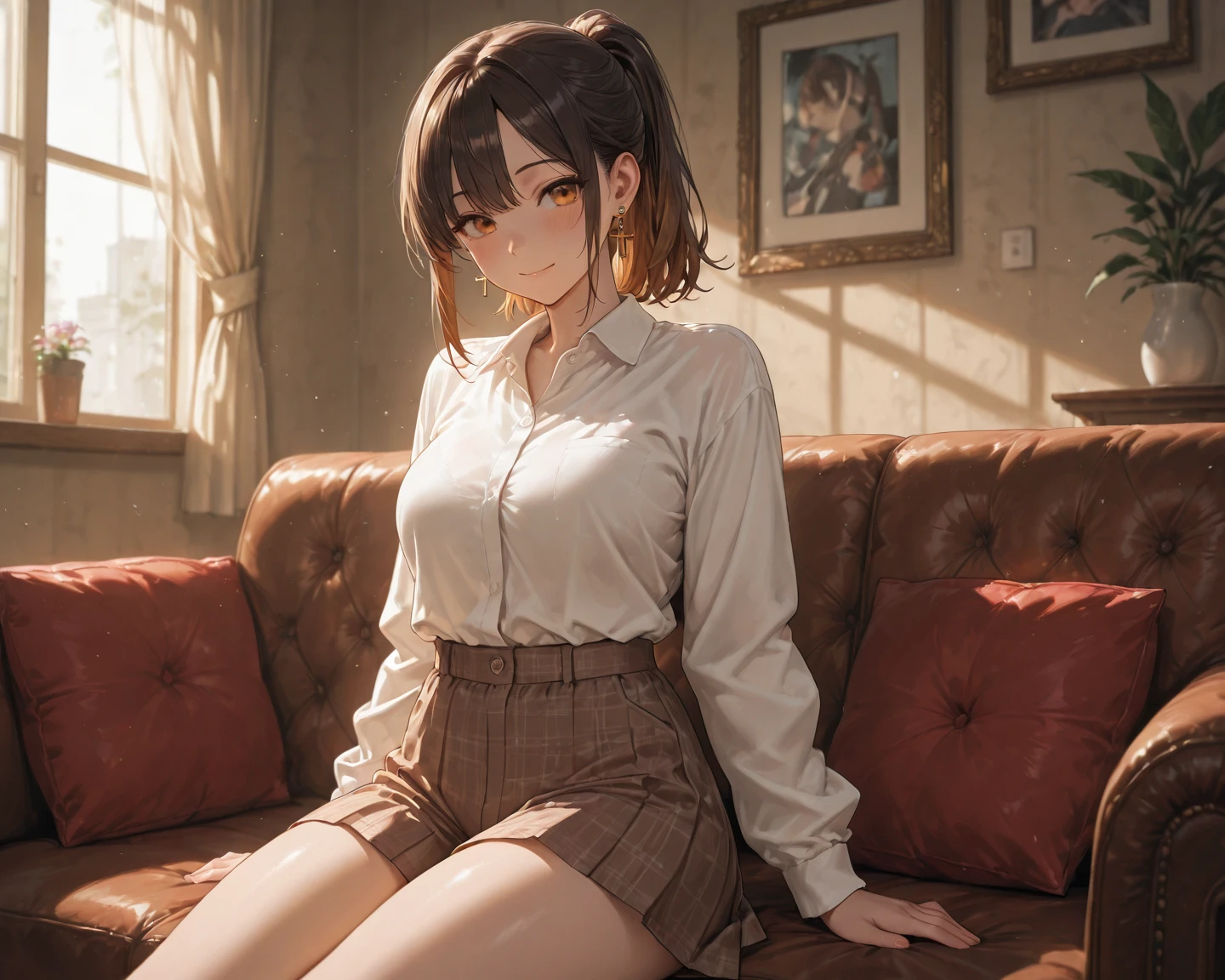 fascinating anime girl, [ 4k digital art ]!!,hyper realistic painting, excessive art, 8k high quality detail art,curvaceous tanned woman,(we say,thick lips:1.2),Dress Shirts,cardigan,,side details,long pleated skirt,Brown loafers,brown wavy hair,(Sunburned skin:1.3),black skin,loose socks,have lunch at a cafe,My face turned red.，Boldly spread your legs，spread your legs wide，spread your legs wide