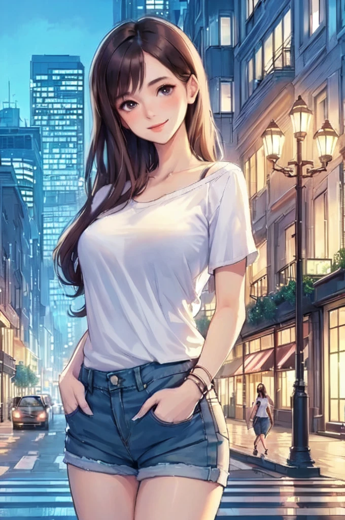 1lady solo, (strolling through city), (short white T-shirt:1.2) stylish (denim pants), mature female, /(black hair/), kind smile, (masterpiece best quality:1.2) delicate illustration ultra-detailed, large breasts BREAK (luxurious downtown street) outdoors, night, cityscape, detailed background
