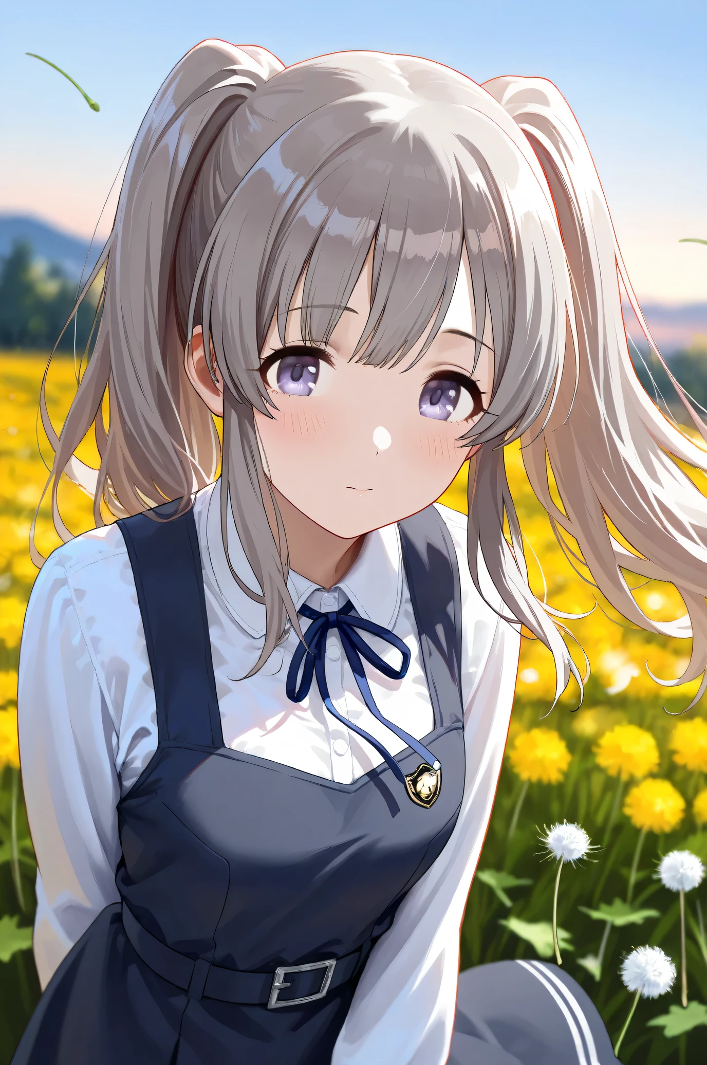(Masterpiece), (Highest quality), (Very detailed), 
(The best shape), (Best Shadow), (Absurd), 
(Detailed background), (So beautiful), Shiny , 
Beautiful eyes in every detail, Extraordinary, Countershading, 8k, 32K, High resolution, 
Very Detailed CG,

Score_9, Score_8_up, Score_7_up, Source_anime, 
(Pastel painting:1.2), (Watercolor painting:1.2),
(Masterpiece, Detailed:1.2), (Foreshortening:1.2),

Cinematic, Dramatic, (Depth of field:1.4),
(Blurry background:1.4), (Realistic background:1.4),
(foreshortening:1.3),
Dynamic angle,
1 girl,
Outdoor, Nature, Flower Field, Wind, (Dawn:1.2),
Dandelion, Dandelion fluff,

Yukoku Kirino, 
the idolmaster shiny colors,
yukoku kiriko, Twin tails,

school uniform, 
white shirt, collar shirt, slateblue ribbon, Long sleeves shirt,
One-piece dress, slateblue one-piece dress, belt,

portrait, close up shot,
(Blush:1.3),
Realistic skin,
Shiny skin,
Focus on face,