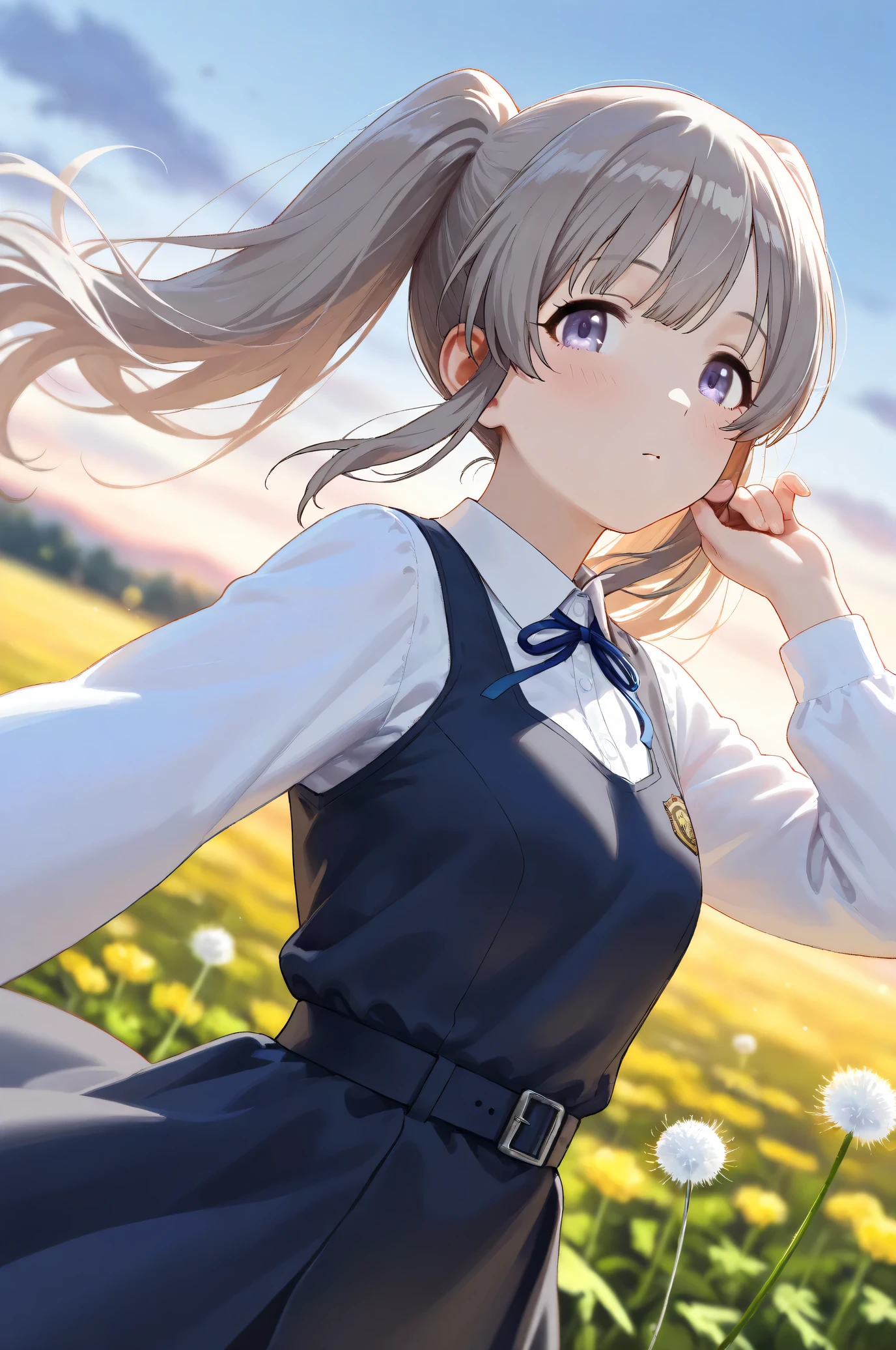 (Masterpiece), (Highest quality), (Very detailed),
(The best shape), (Best Shadow), (Absurd),
(Detailed background), (So beautiful), Shiny ,
Beautiful eyes in every detail, Extraordinary, Countershading, 8k, 32K, High resolution,
Very Detailed CG,
Score_9, Score_8_up, Score_7_up, Source_anime,
(Pastel painting:1.2), (Watercolor painting:1.2),
(Masterpiece, Detailed:1.2), (Foreshortening:1.2),
Cinematic, Dramatic, (Depth of field:1.4),
(Blurry background:1.4), (Realistic background:1.4),
(foreshortening:1.3),
Dynamic angle,
1 girl,
Outdoor, Nature, Flower Field, Wind, (Dawn:1.2),
Dandelion, Dandelion fluff,
Yukoku Kirino,
the idolmaster shiny colors,
yukoku kiriko, Twin tails,
school uniform,
white shirt, collar shirt, slateblue ribbon, Long sleeves shirt,
One-piece dress, slateblue one-piece dress, belt,
portrait, close up shot,
(Blush:1.3),
Realistic skin,
Shiny skin,
Focus on face,