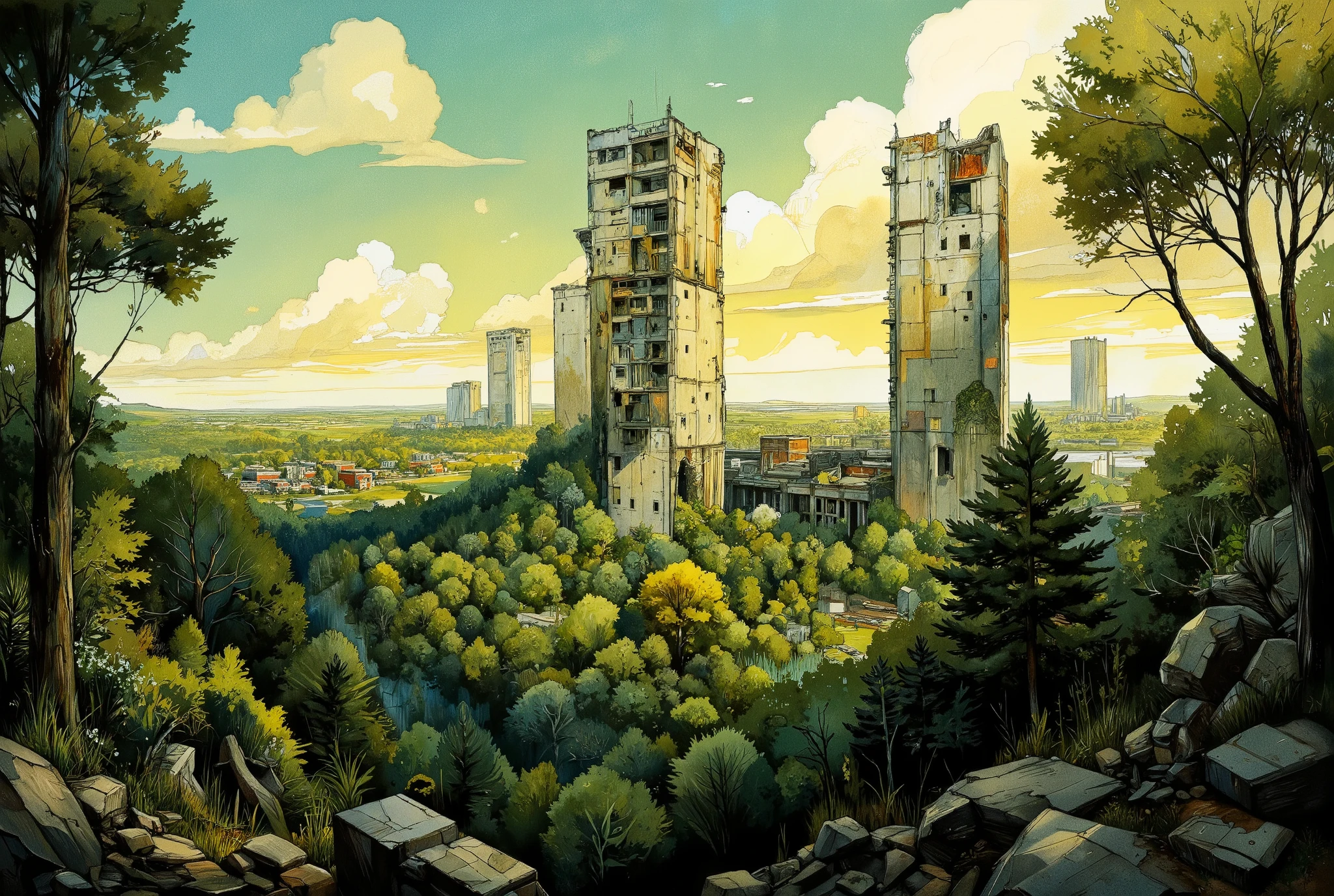 A hauntingly beautiful comic book illustration by Greg Rutkowski. In the foreground, a lush forest stretches towards the horizon, its verdant hues reminiscent of an endless green sea. Amidst this tranquil tapestry, colossal skyscrapers pierce the sky like jagged teeth from a bloody maw, their ruinous state a grim testament to humanity's fleeting reign. As golden hour sunlight bathes the scene, nature's dominance is palpable, a sense of peaceful triumph unfolding as the world reclaims its forgotten legacy.