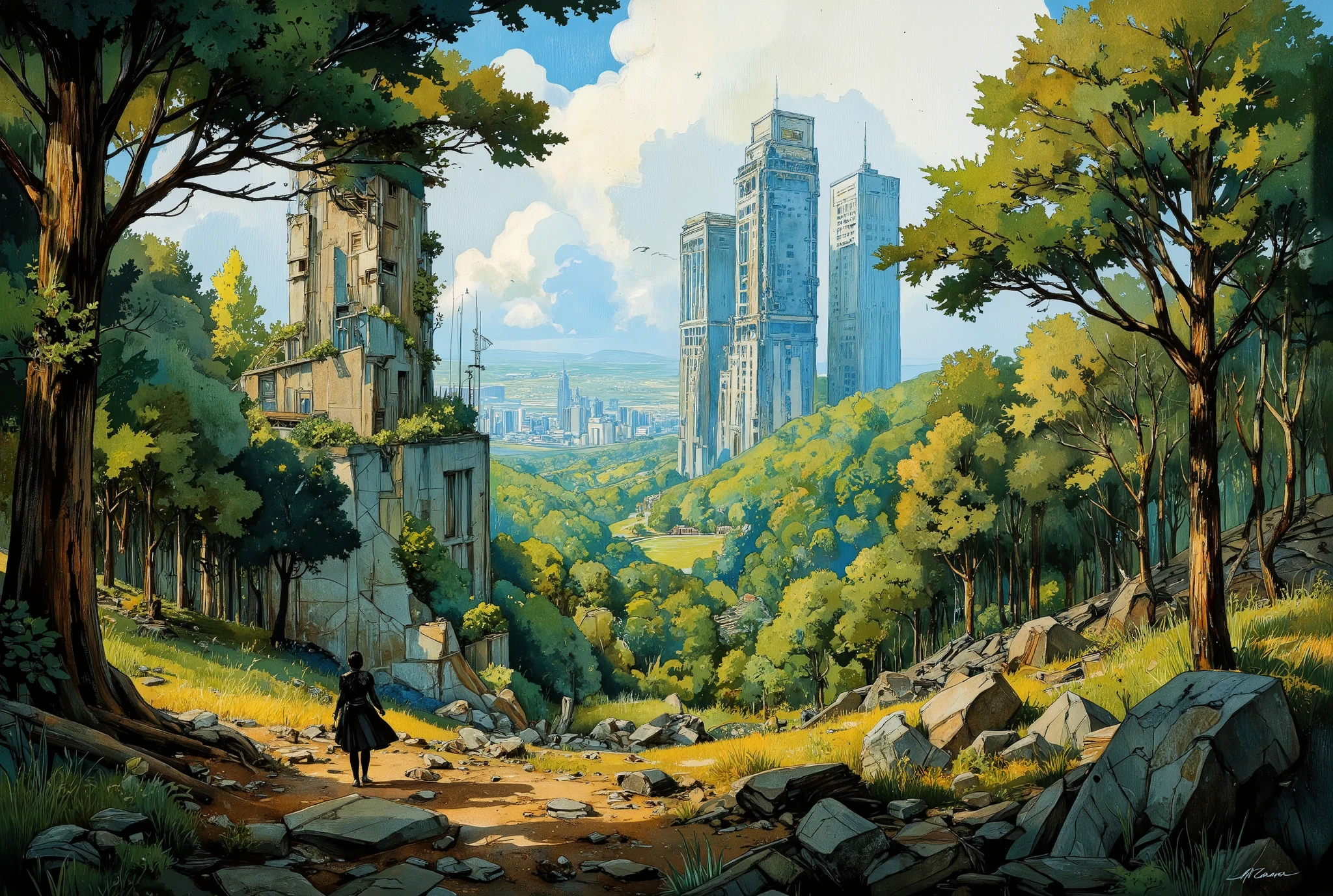 A hauntingly beautiful comic book illustration by Greg Rutkowski. In the foreground, a lush forest stretches towards the horizon, its verdant hues reminiscent of an endless green sea. Amidst this tranquil tapestry, colossal skyscrapers pierce the sky like jagged teeth from a bloody maw, their ruinous state a grim testament to humanity's fleeting reign. As golden hour sunlight bathes the scene, nature's dominance is palpable, a sense of peaceful triumph unfolding as the world reclaims its forgotten legacy.