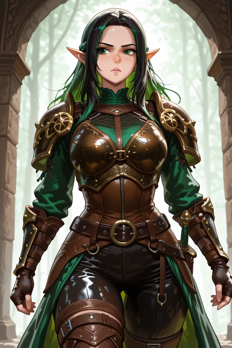 (((1 goblin woman))), ((detailed yellow eyes)), ((brown hair)), large breasts, mischievous smile, mecha musume, mechanical parts, best quality, masterpiece, ultra-detailed