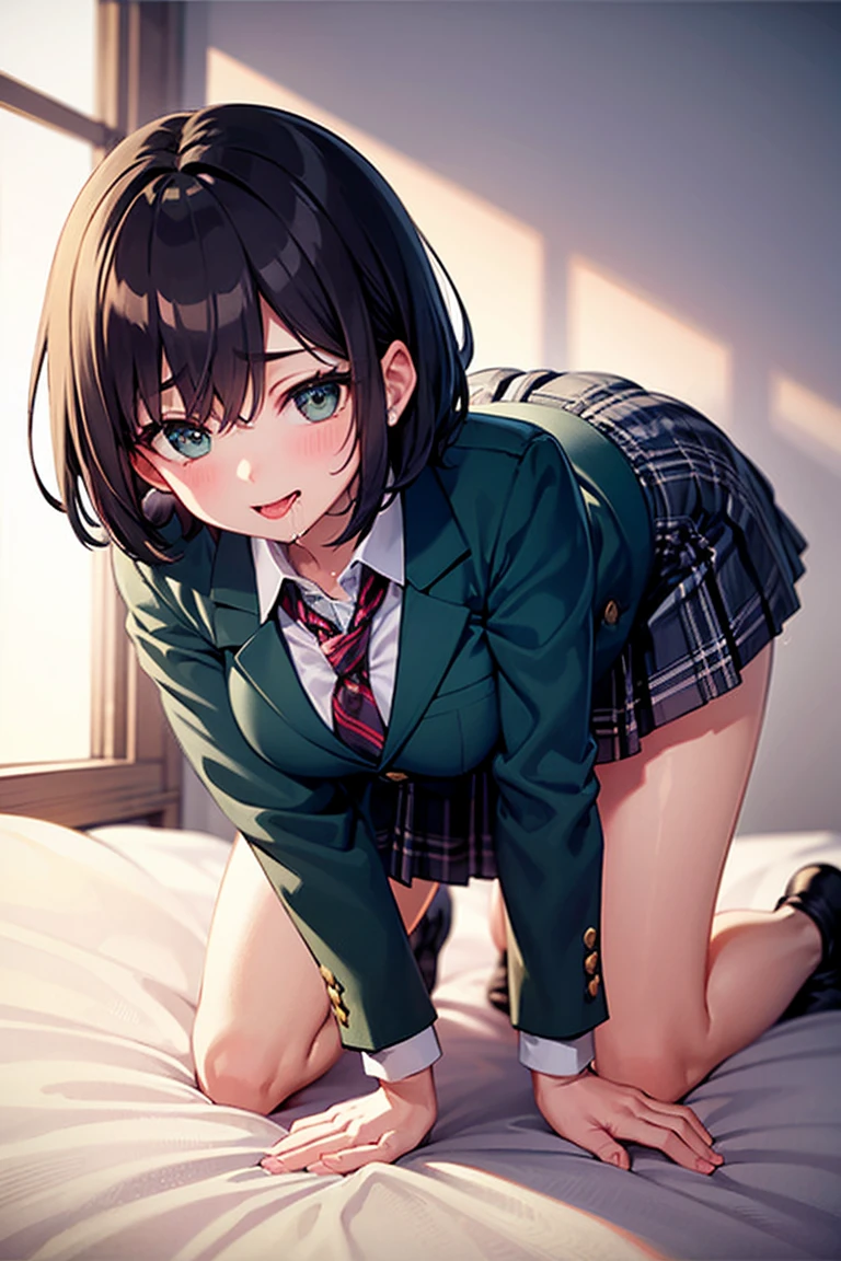 (8K), (highest quality: 1.2), (Realistic), (Realistic: 1.37), Ultra-high resolution, (1 girl), cute, smile, Beautiful details, beautiful nose, wet brown hair, Two giant cells, thighs ，Self Snap, 25 years old, slim with green eyes, medium-sized eyes, A simple navy blue blazer, pleated skirt, (The skirt and tie are gray tartan plaid.......:1.3),(sheet: 1), sit on the floor, (hug my feet: 1), (pink pantyhose: 1.3), Front, knees,