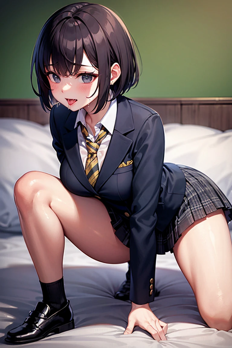 nsfw,masterpiece,ultra detailed,8k,pov,bow tie,school sweater,dress shirt,(short plaid pleated skirt),curvy body,(tanned skin:1.3),black hair,seductive cute face,wet checked pink-panties,(navy-high-socks),lying on carpet,spreading legs,at messy private room,clothes on floor,wardrobe,desk,(messy floor),short hair,cheerful girl,humid,tanline on thighs,(holdingown knees up),hands on thighs,from above,flying heart-shapes,happy,saliva