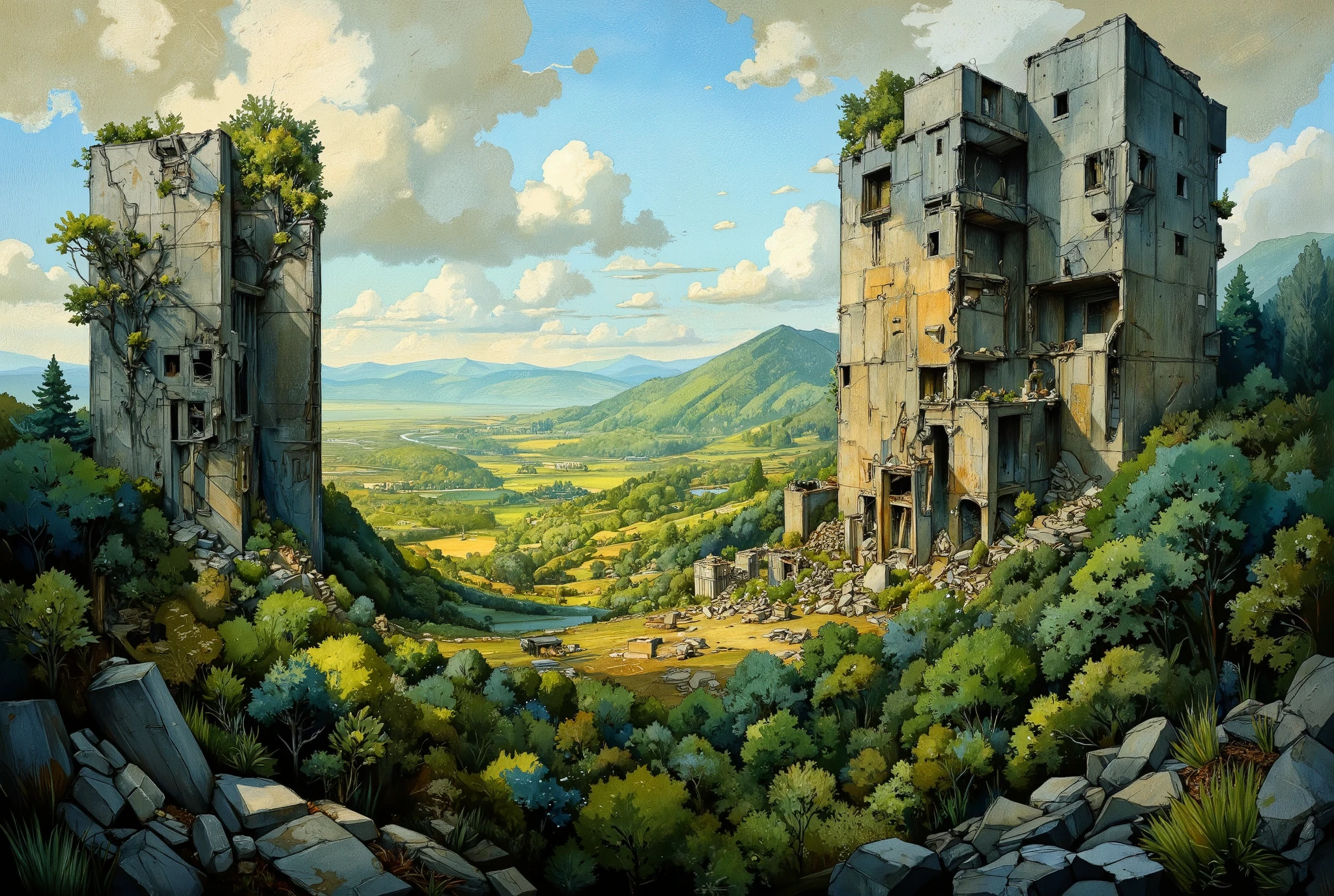 A hauntingly beautiful comic book illustration by Greg Rutkowski. In the foreground, a lush forest stretches towards the horizon, its verdant hues reminiscent of an endless green sea. Amidst this tranquil tapestry, colossal skyscrapers pierce the sky like jagged teeth from a bloody maw, their ruinous state a grim testament to humanity's fleeting reign. As golden hour sunlight bathes the scene, nature's dominance is palpable, a sense of peaceful triumph unfolding as the world reclaims its forgotten legacy.
