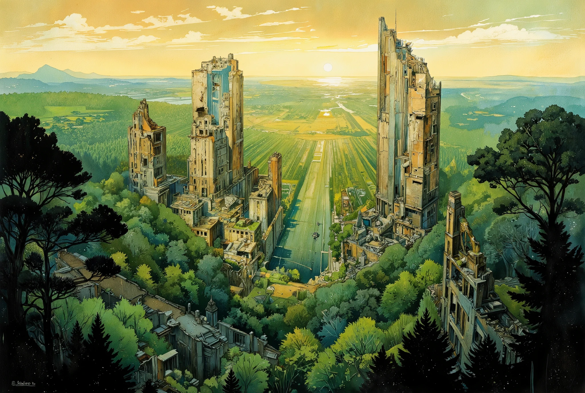 A hauntingly beautiful comic book illustration by Greg Rutkowski. In the foreground, a lush forest stretches towards the horizon, its verdant hues reminiscent of an endless green sea. Amidst this tranquil tapestry, colossal skyscrapers pierce the sky like jagged teeth from a bloody maw, their ruinous state a grim testament to humanity's fleeting reign. As golden hour sunlight bathes the scene, nature's dominance is palpable, a sense of peaceful triumph unfolding as the world reclaims its forgotten legacy.