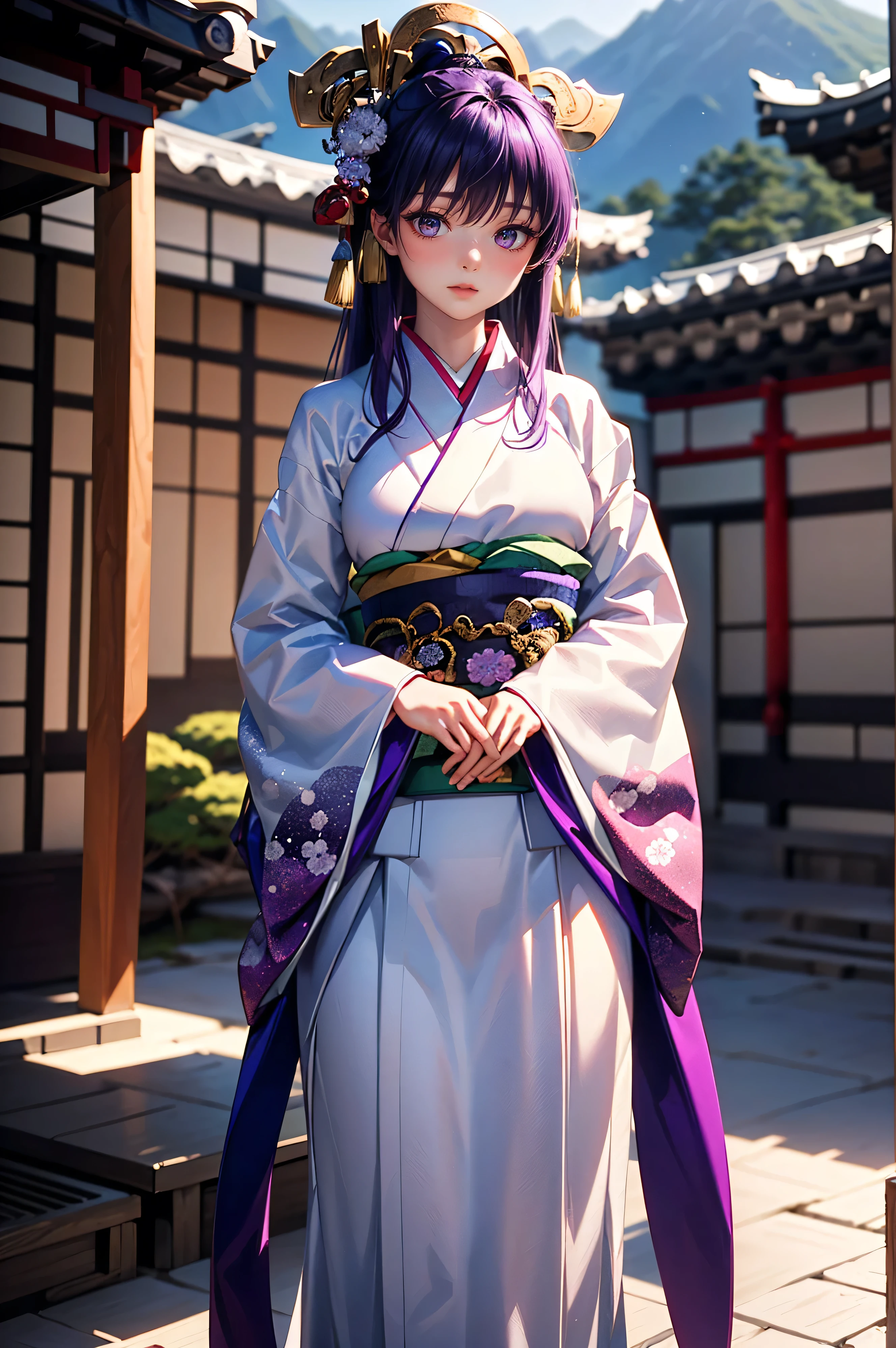 (masterpiece, highest quality: 1.2), 1 girl, 12 people, 1 person, long straight black hair, enjoying a fan, western ridge, wall, lattice, clothesline, hallway, Japanese garden, ((Heian period Crimson-eyed beauty)), ((Cimson eyes)), ((sparkling, narrow eyes)), ((long silver and purple hair, smooth hairstyle)), transparent, smooth white skin, shiny skin, small breasts, ((wearing 12 furisode kimonos by herself)), ((wearing traditional Japanese furisode kimonos with layered collars)), wearing 12 kimonos by herself, anatomically accurate depiction, delicate depiction down to the fingertips, cinematic straight eyes