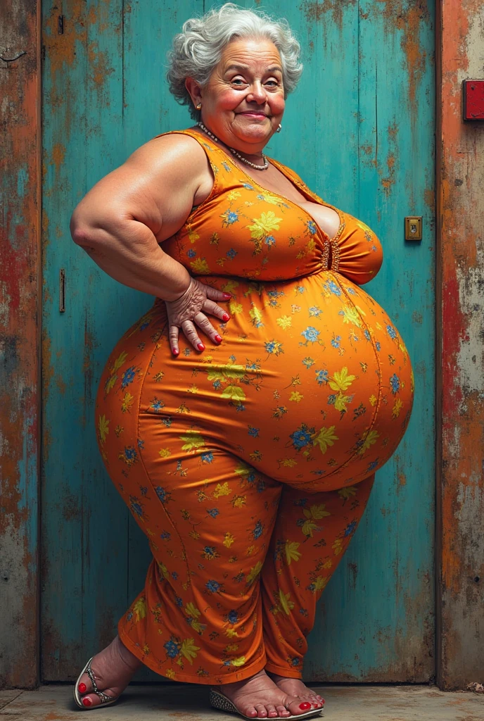 Extremely Hyperpregnant Cuban woman with huge belly wearing a dress