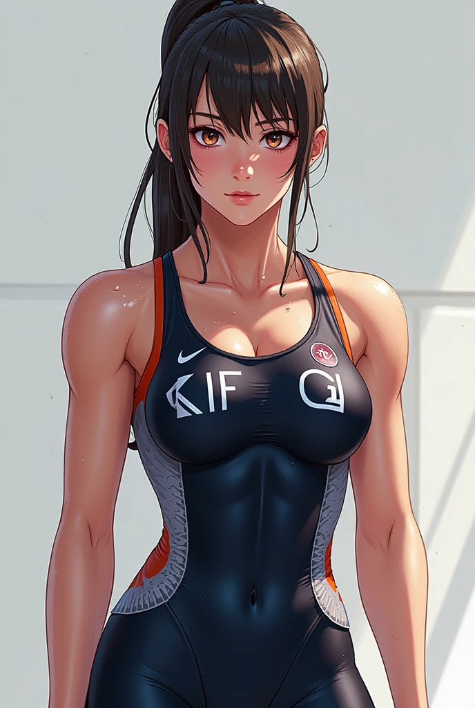Futanari in tight exercise clothing with volume in legging pants and large breasts in sports bra --auto --s2