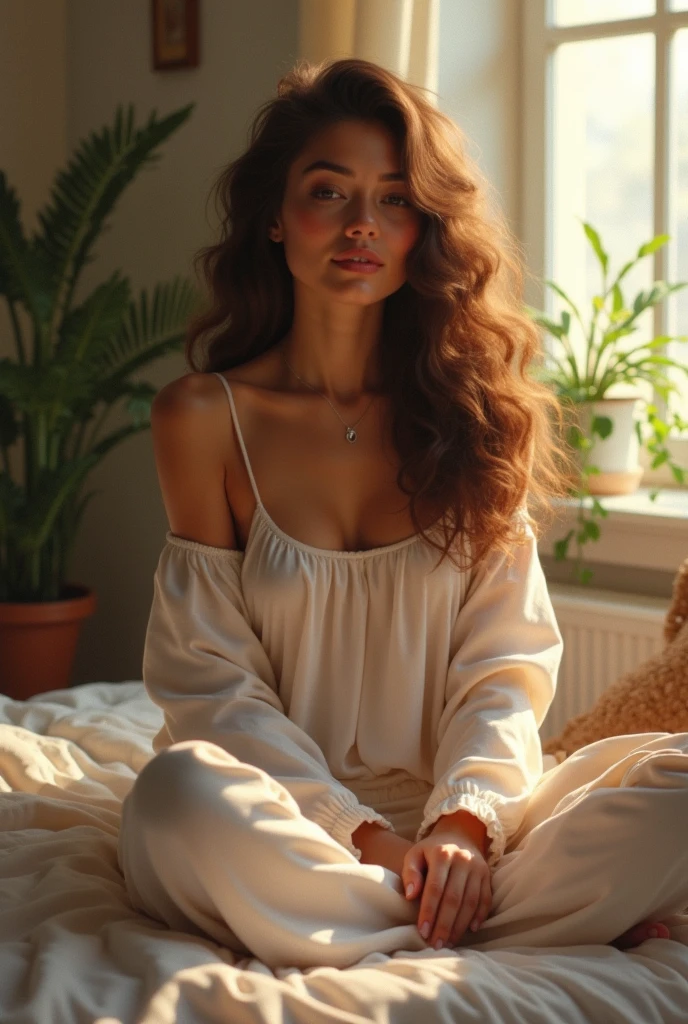(photorealism:1.2), beautiful woman, sitting on bed, wearing loose off-shoulder top, pajama pants, long curly hair, indoors, soft lighting, plants in background, window with sunlight, cozy room, relaxed pose, realistic, intricate details, warm colors, by Greg Rutkowski, by Alphonse Mucha