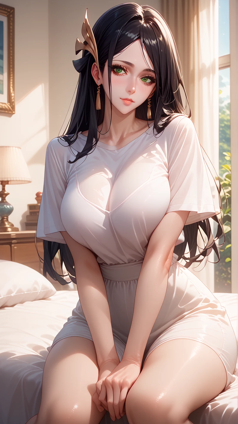 Amazing portrait of a sexy woman with a beautiful face wearing her long straight luscious black hair as she's seductively gazing with her soft lips parted while blushing intensely and smiling wearing an olive green crop top and white cargo pants and white shirt having a  medium chest with cleavage and a perfect body while lying on a bed resting her head on a pillow facing the viewer