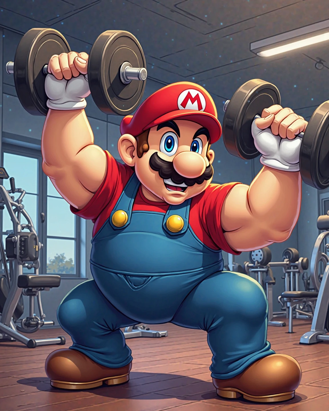 (a t-shirt illustration of a muscular Mario, Anthropomorphic, supermario,male, strong, Barbell, do intense exercise in a gym)