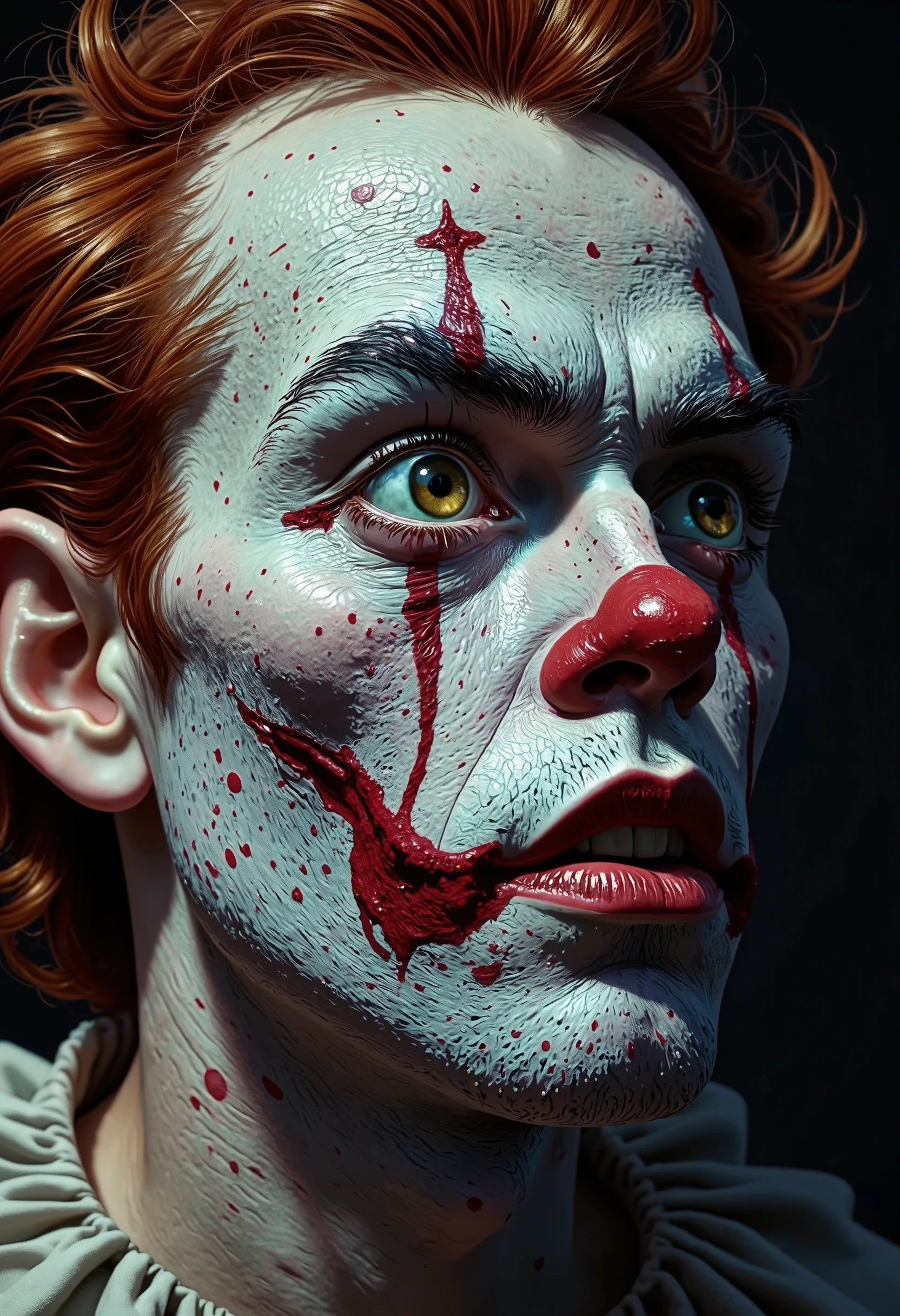 bo-neon, ArcaneFGTNR, a highly detailed digital work of art depicting a close-up of a human face, most likely a scary tired clown, with a striking and tense expression, a look from under the brow, a 3/4 face, the face of the object is predominantly white, with bright, black and red drawings, with neon subtle drawing, in the Tutu style, covering the entire surface, including horizontal and vertical lines, creating a whimsical, striking design, the pattern is predominantly black with neon inserts, adding a sense of style and intensity., human eyes are very light, large and expressive, with golden irises, capillaries on the whites of the eyes, standing out against a completely white background., their full lips are slightly open, exposing milky white teeth with part of the tongue, the texture of the face looks like plaster, some areas seem darker than others, the background - solid black, which allows you to keep the focus on the object, the overall style., low angle, dramatic light from above, shadows on the face, wrinkles and cracks in makeup,most of the drawings are very stylized and hyper-realistic, with careful attention to detail and textures, which makes them a fascinating and provocative work of art, high-quality, over-detailed, colorful, a grainy, cyberpunk fantasy