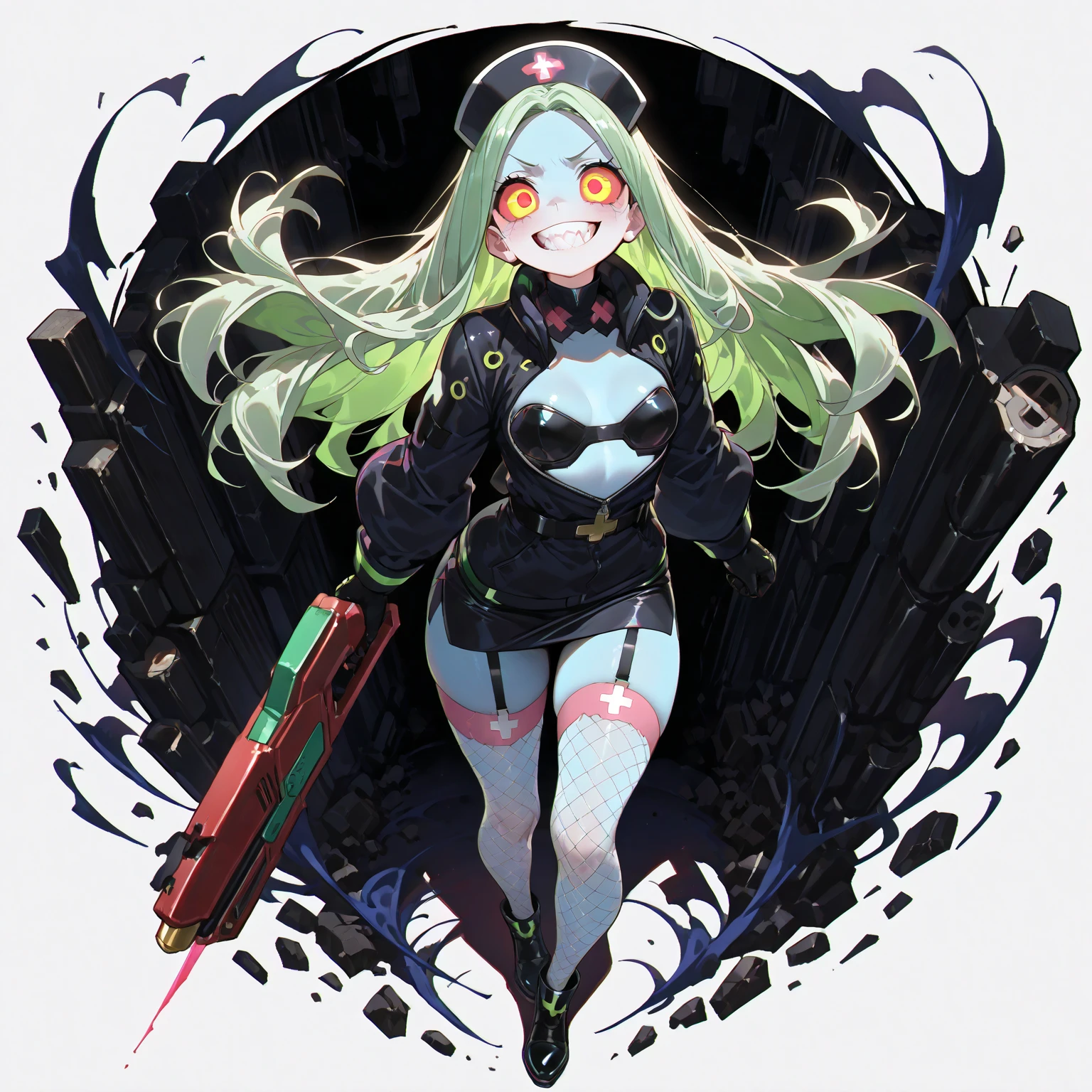 white background, 1girl, solo, full body, standing,mini bikini,rebecca, yellow eye, mechanical eye, red sclera, leg tattoo, colored skin, tattoo, petite, navel, green hair, neck tattoo, small breasts, long hair, stomach tattoo, cyberpunk,