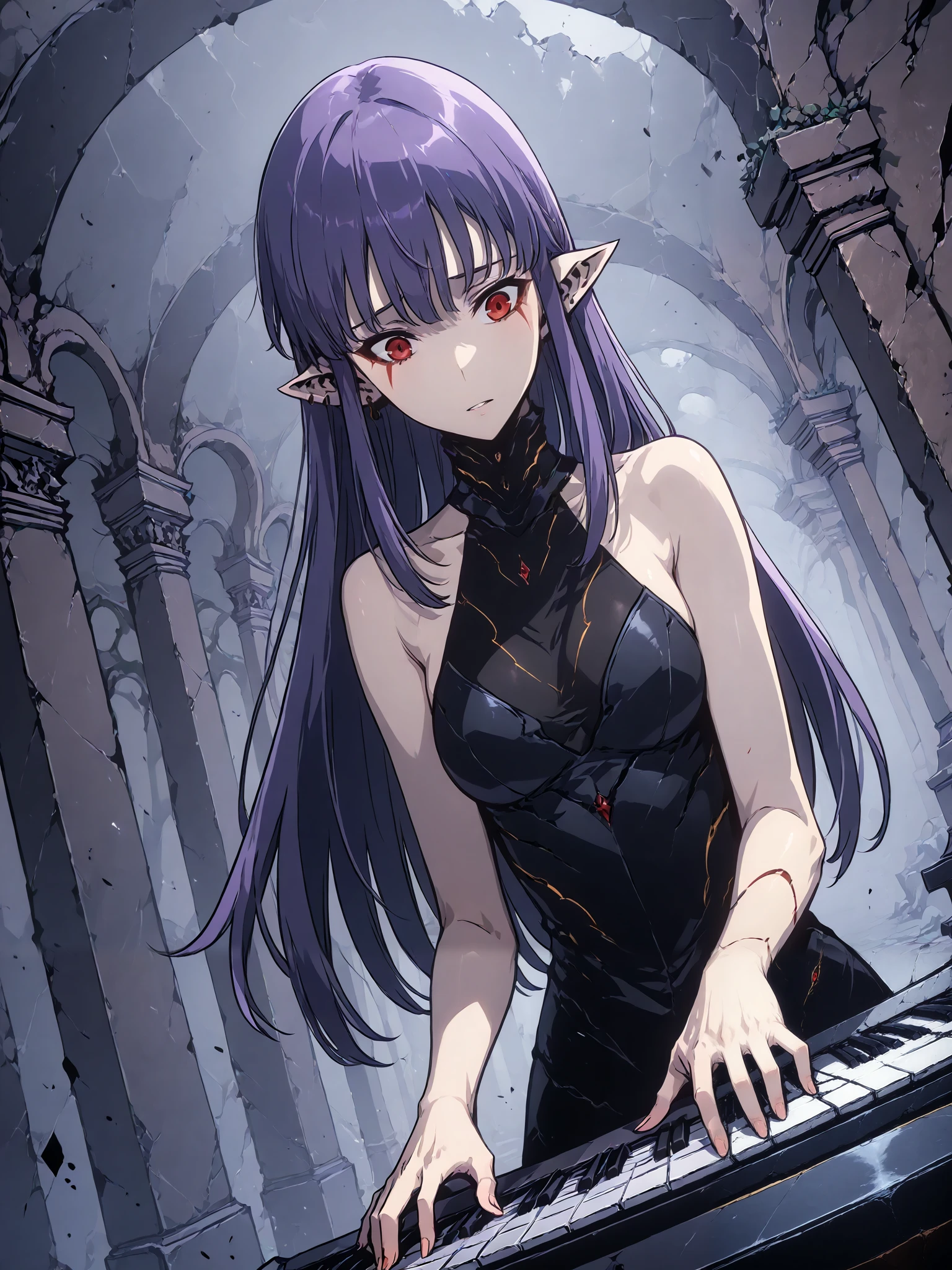 1girl, solo, esil radiru, beautiful, contemplating, in deep thought, lonely, sad, plain black halter dress, exposed shoulders, bare arms, exposed arms, no armor, flawless skin, slender body, medium breasts, crimson eyes, highly detailed eyes, expressive eyes, natural eye shape, iris with visible details, anatomically correct, super detailed, high details, intricate details, accurate, dynamic angle, dynamic poses, highres, absurdres, (masterpiece:1.5), (best quality:1.2), amazing quality, 4k, inside the demon castle, posh background, rich background, elegant background, medieval background, playing the piano, sitting down