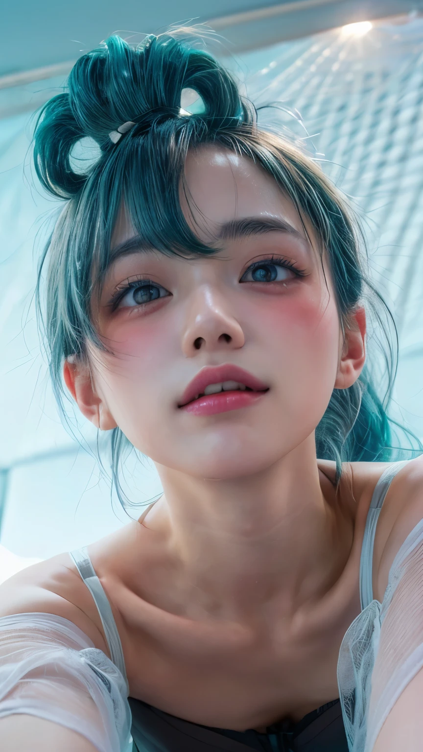 ((Viewfinder target:1.6)),1 girl、(((shy slightly blushed face,Low Ponytail, beautiful, Shiny light blue hair :1.6),silver mesh )),((beautiful legs:1)),((Gestures that invite the viewer:1)、((Bandeau Bra :1.8, Mesh Panties :1.8)),((Black underwear:2)),21 years old,(beautiful accurate young hand:1,normal breasts:1.3),(top quality,masterpiece:1.3,I can see pink pussy on Super A high resolution,),(is very well detailed,caustics),(photorealistic:1.4,RAW shooting) super realistic capture ,very detailed,high resolution 16K human skin close-up。 natural skin texture、, pores 、、、、、、、、teeth、must be detailed enough to be easily identified。 skin teeth must be uniform, healthy shades of human skin 。 Use natural light and color, sad expression, perfect center part, (((White VIP ocean with nothing:1.9,blurry background:1.4))),nffs,((Posing across viewers on the bed:1.5))、(( Taken from directly below :1.8))