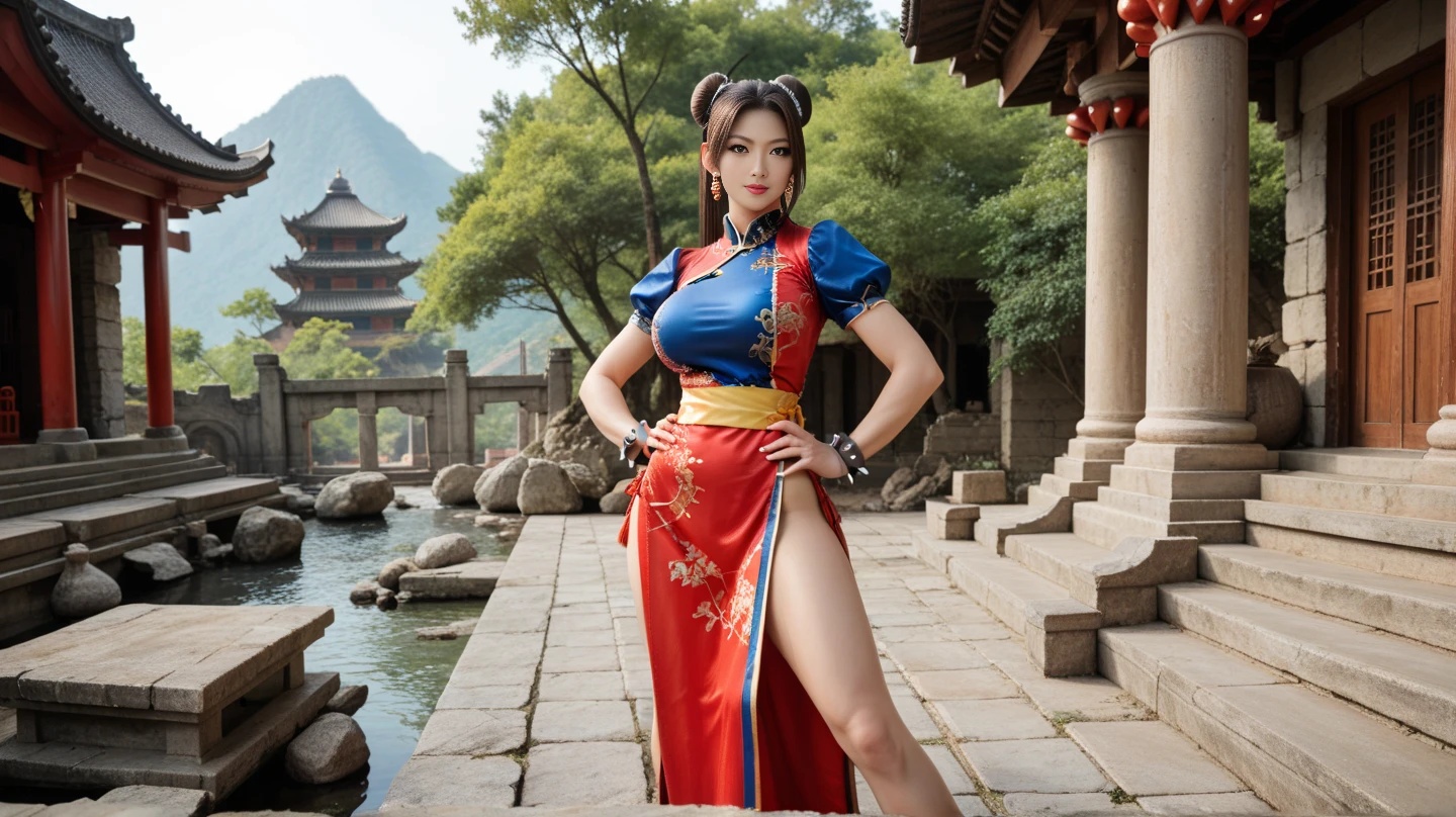 1girl, Chun li, cute smiling, huge eyes, (curvy, thick form, small breasts, round ass, (short sized torso), medium mouth, very thick lips, almond-shaped eyes, chestnut hair, Gorgeous body, Beautiful large head and very symmetrical face, Very detailed and intricate environment, Very detailed and lewd clothing, street fighter, brown eyes, blue dress, ((pelvic curtain), (brown pantyhose), china dress), white cross-laced boots, bracelet, gold trim, jewelry, puffy sleeves, sash, short sleeves, side slit, spiked bracelet, spikes, double covered buns, hair accessories, Anime realism, glamour portrait, cleavage, tempting the viewer, large naughty nose, tan skin, (revealing outfits:0.1), in a old chinese house.