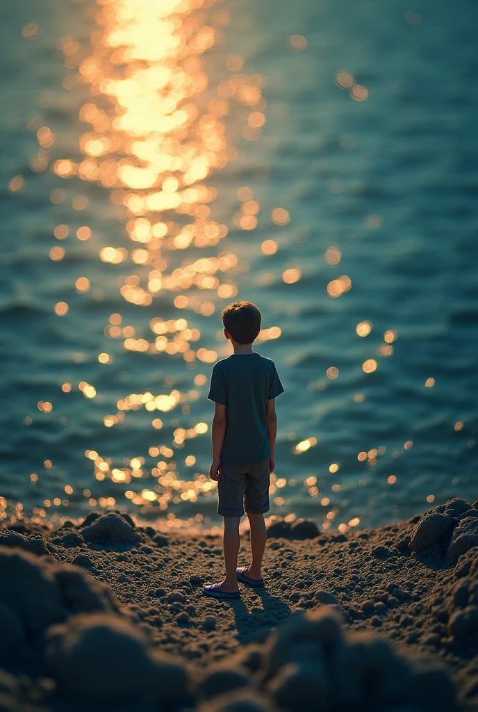 One boy was stting neare by beach his and he was so sad in beach have a some ligtsAnd there hava a his one frind