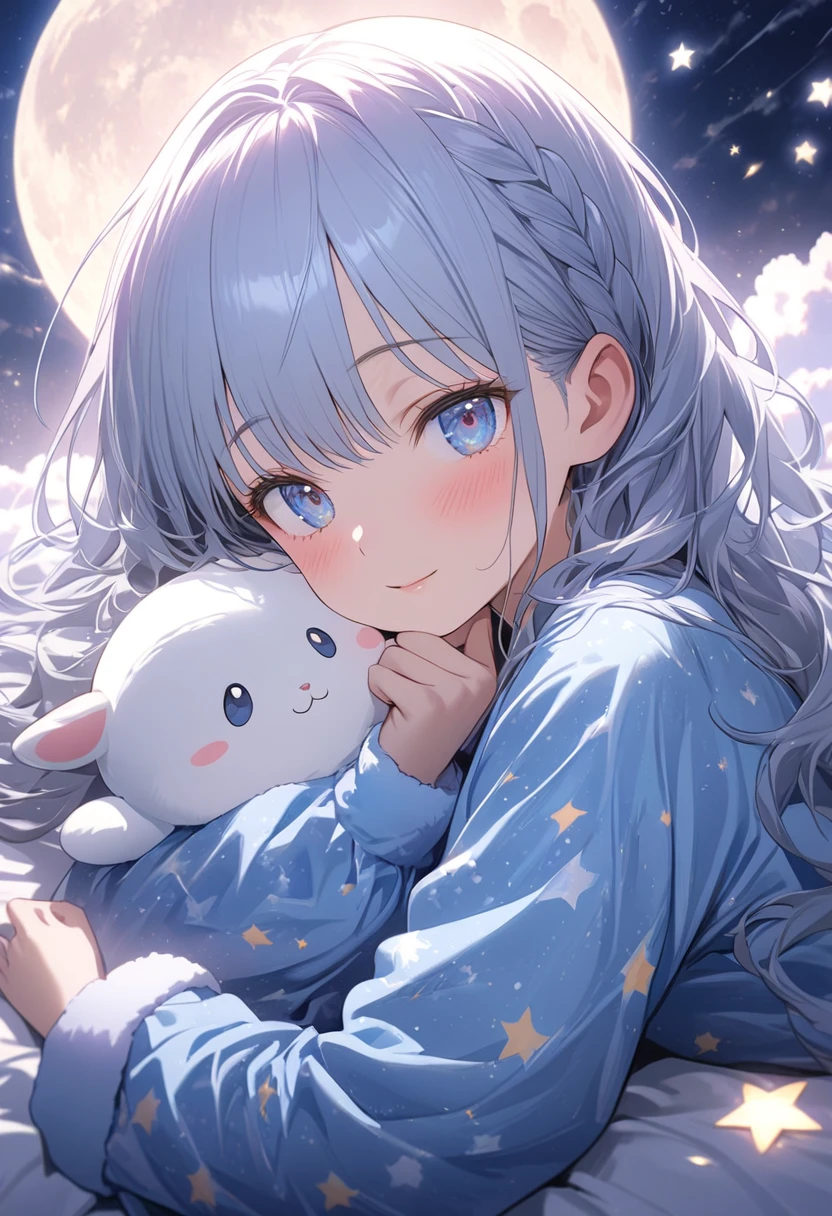 Original Character, Volumetric Lighting, Best Shadows, Shallow Depth of Field, Portrait Of Stunningly Beautiful Girl, Petite, Delicate Beautiful Attractive Face With Alluring Black Eyes, Half Closed Eyes, Thick Eyebrows, Yawning, Open Mouth, Cute Fangs, Lovely Small Breasts, Layered Medium White Hair, Blush Eyeshadow, Thick Eyelashes, Kigurumi Animal Pajamas, In The Dreamy Attic Bedroom, Sitting On Comfortable Bed, With Animal Pillows, Lovely Duvet Cover, Under The Circular Round Window, Fantastic Night Sky of Through Window, Moonlight, Milky Way, Starburst, (Highest Quality, Amazing Details:1.25), (Solo:1.3), Brilliant Colorful Paintings