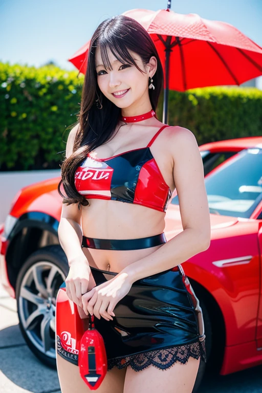 (((masterpiece, highest quality,8k ,Super detailed,hyper quality))),((サーキットイベントでlace queenがracing car前に立ちファンのカメラに向け手を振っている)),(whole body,looking at the camera),(circuit field,outdoor,sunny,racing car),lace queen,Beauty,sexy,glamorous,ponytail,big breasts(1.7),constricted waist,small ass,long thin legs,lace queenのコスチューム(open chest),mini skirt(slits on both sides),Pin heel long boots,