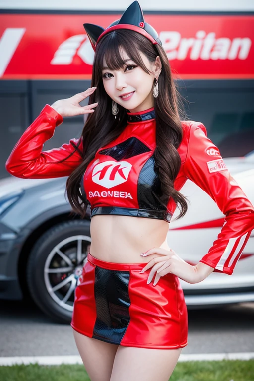 (masterpiece), ( MotoGP racing girls), (eyeliner:0.5),(blush:0.5), black fur, a slight smile, beautifully繊細な少女を指す, very detailed eyes and face, beautifully繊細な目, , ((Event List)), (MotoGP track background), (of the highest quality, High resolution, reality, original, 8k,masterpiece, ),(((dynamic pose))),(((Central perspective))),(((Shows the bottom of the chest. ))),(((Red miniskirt lift))),(((bare inner thighs))),(((F1 cars on display))), (vibrant colors:1.2), (beautifully),