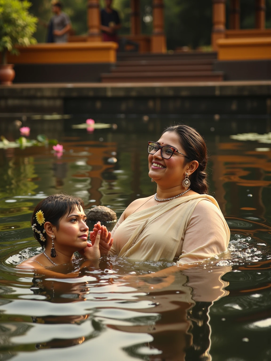 Married Woman, curvy hourglass body, wearing saffron saree mangalsutra, in pool, old men together