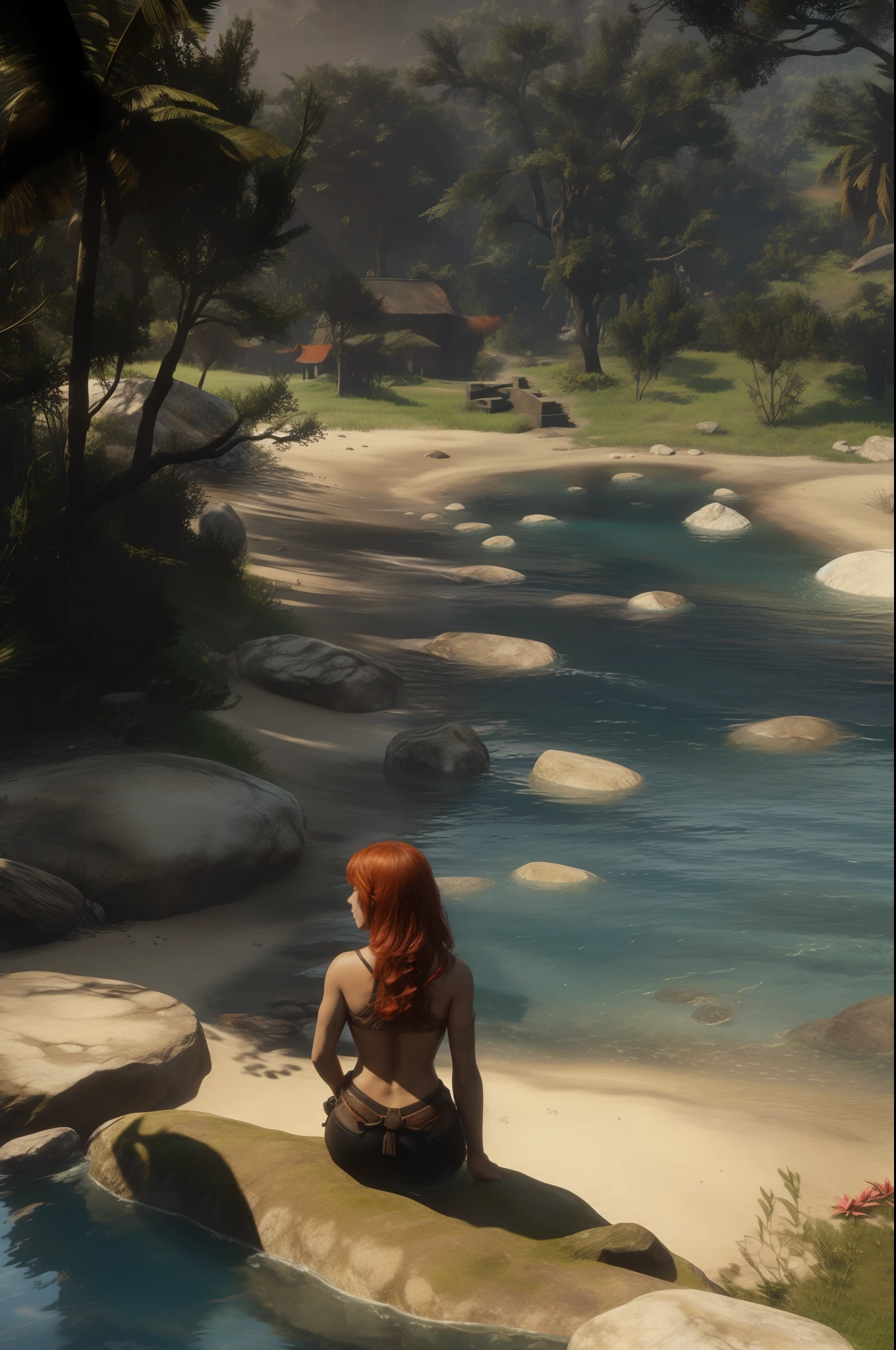 A girl with red hair, stands as a warrior near a tranquil spring. Her golden braces sparkle in the sunlight, contrasting against her black leather armor. She holds a glistening knife tightly in her right hand, stained with blood. The girl's expression is nervous, as if she is embarking on a great challenge. Her ample natural breasts are exposed, symbolizing her fearlessness and vulnerability. The scene is enhanced by the shimmering wet rocks and the sound of the gently flowing spring water. she's topless. there is a horse nearby.