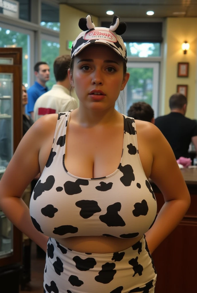 (extreme wide shot:1.3),(burger shop in the background:1.5),(huge breast:1.6),(slim waist:1.3)　,(maid costume:1.5),Bohemian Earrings,grin,(darkskinned),top-quality,(((masterpiece))),8K,Photorealsitic,Japanese Women:1.5,(thin eyebrows),(Detailed Background:2),